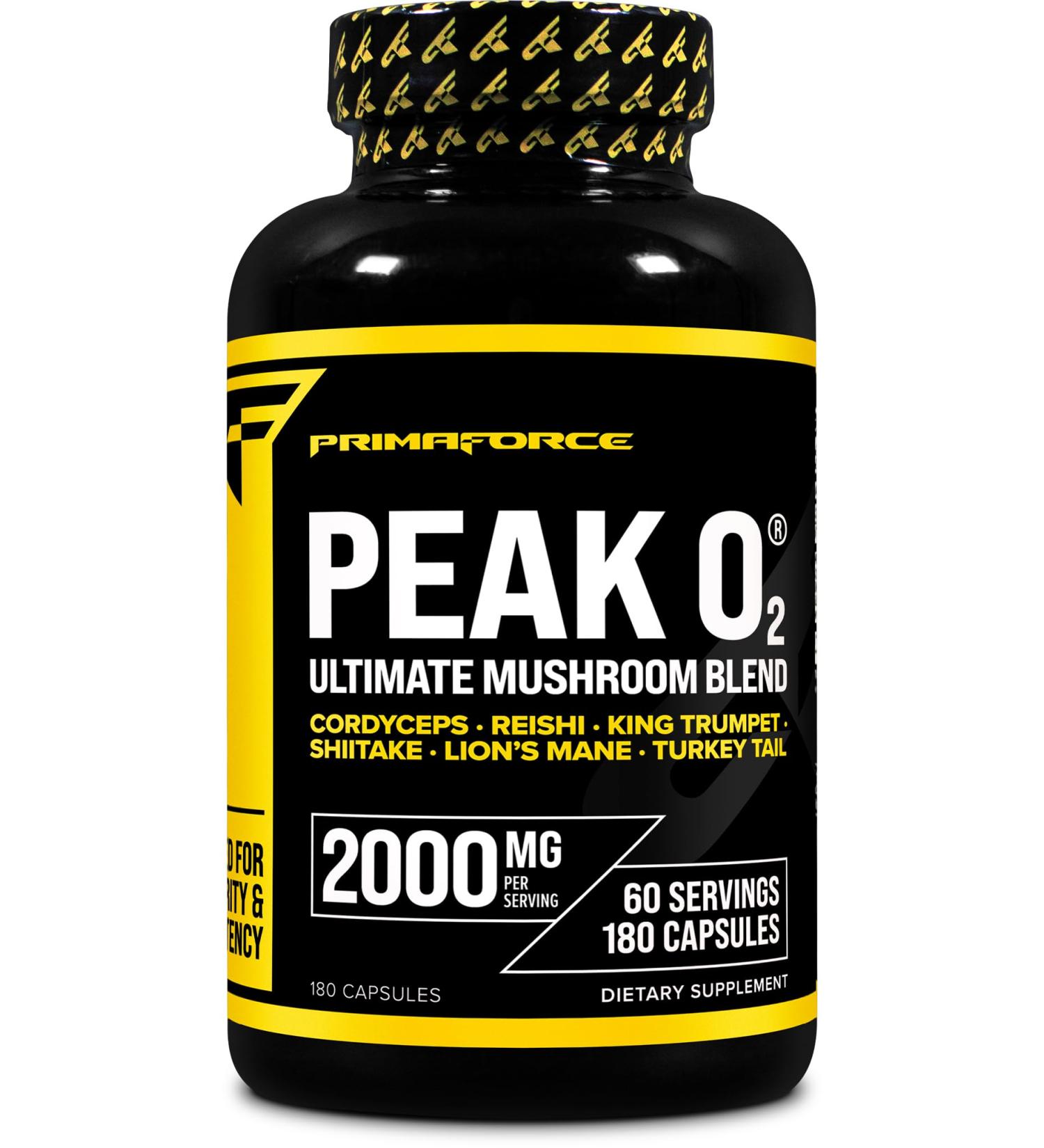 Primaforce Peak O2 Performance Mushroom Powered Oxygen Absorption Booster (180 Capsules) (2 000 mg Per Serving 60 Servings) - Athletic Performance Supplement Ultimate Mushroom Blend - Buy Online on GoSupps.com