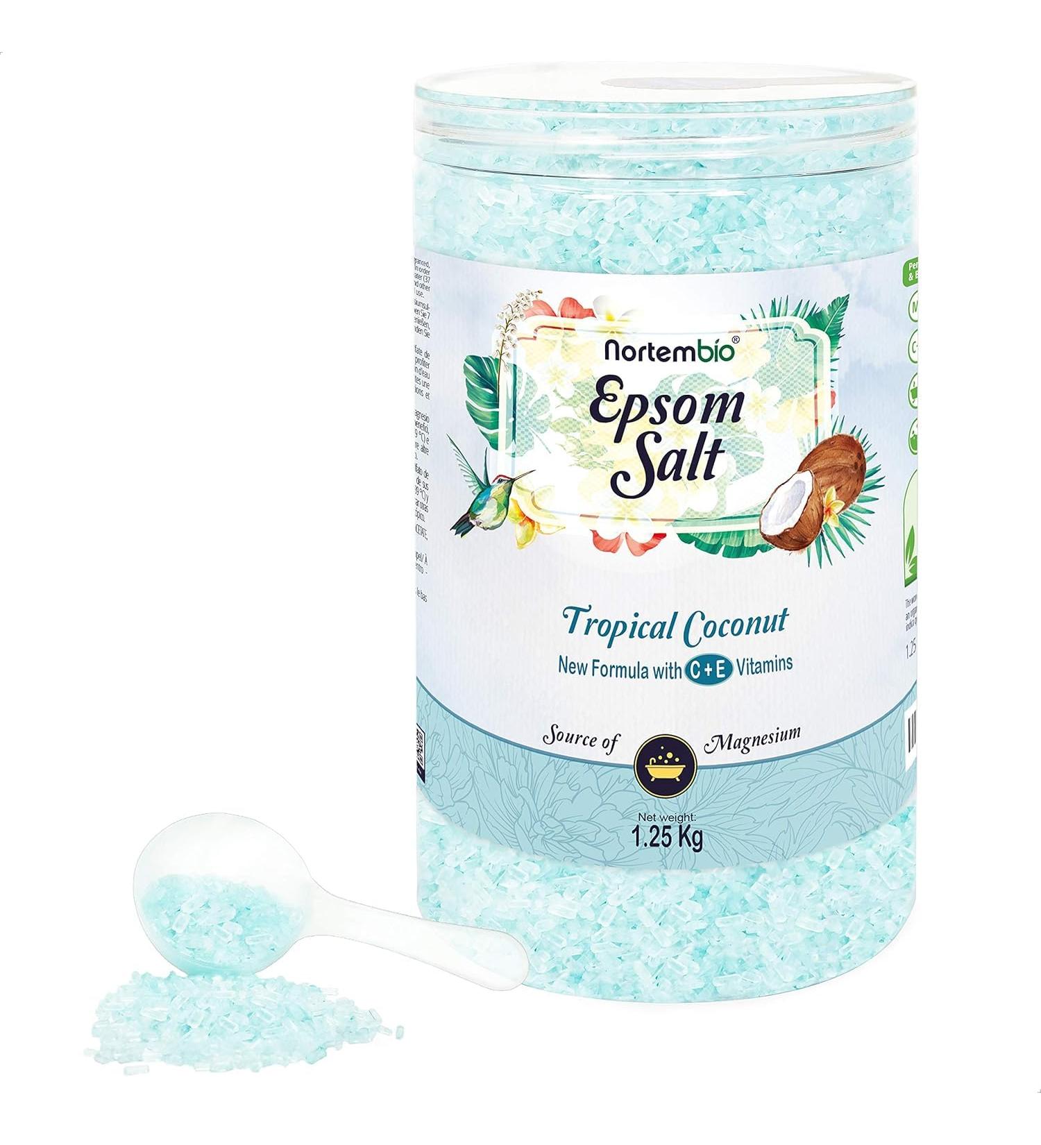 Nortembio Sels d Epsom 100% Parfum Noix de Coco Tropicale 1 25 kg Source Naturelle de Magn sium | Avec Vitamines C et E Hydratantes | Pour Bains Relaxants Spa et Soin de la Peau + E-Book Gratuit - Buy Online on GoSupps.com