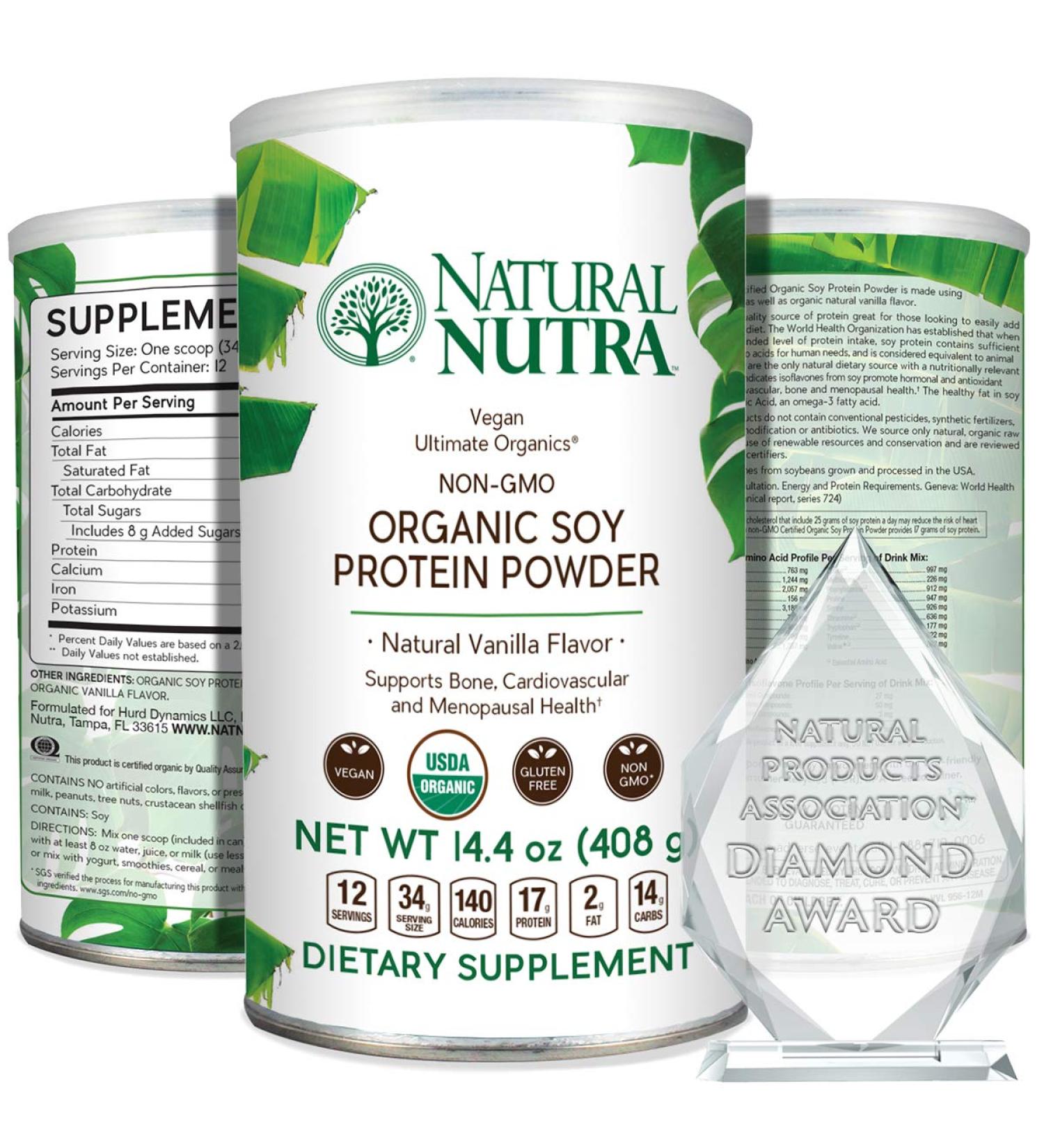 Natural Nutra Organic Vegan Plant-Based Soy Protein Powder - Bone Support, Cardiovascular Health - Gluten Free, Non GMO, Sugar-Free - 14.4 OZ - Buy Online on GoSupps.com