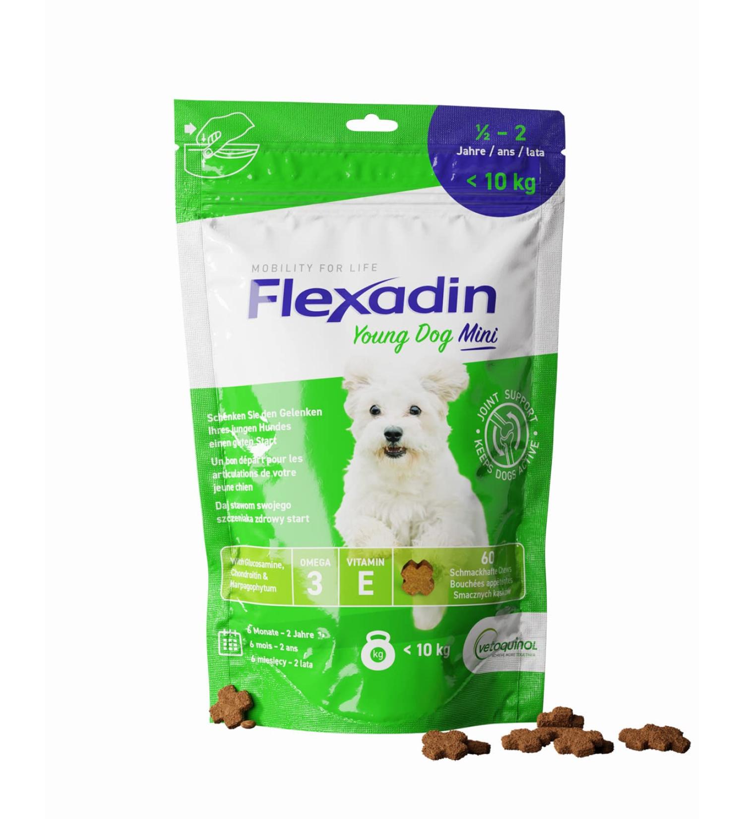 Flexadin Young Dog Mini | For healthy joints in young dogs up to 10 kg | With glucosamine chondroitin omega-3 and devil's claw 60 joint treats - Buy Online on GoSupps.com
