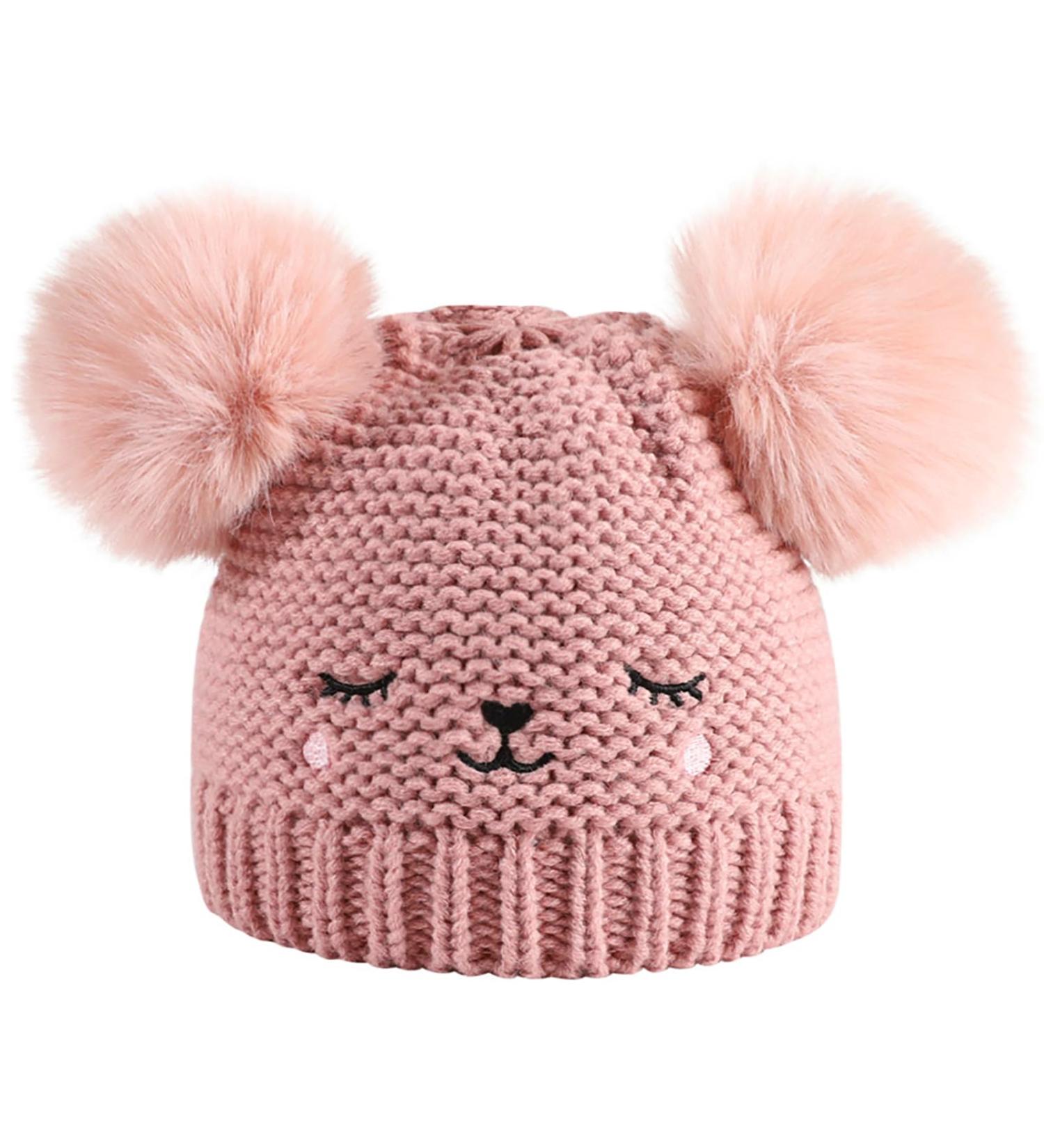 XYIYI Baby Kids Winter Warm Knit Hat with Crochet Fur Pom - Bear Pink | 6-24 Months - Buy Online on GoSupps.com