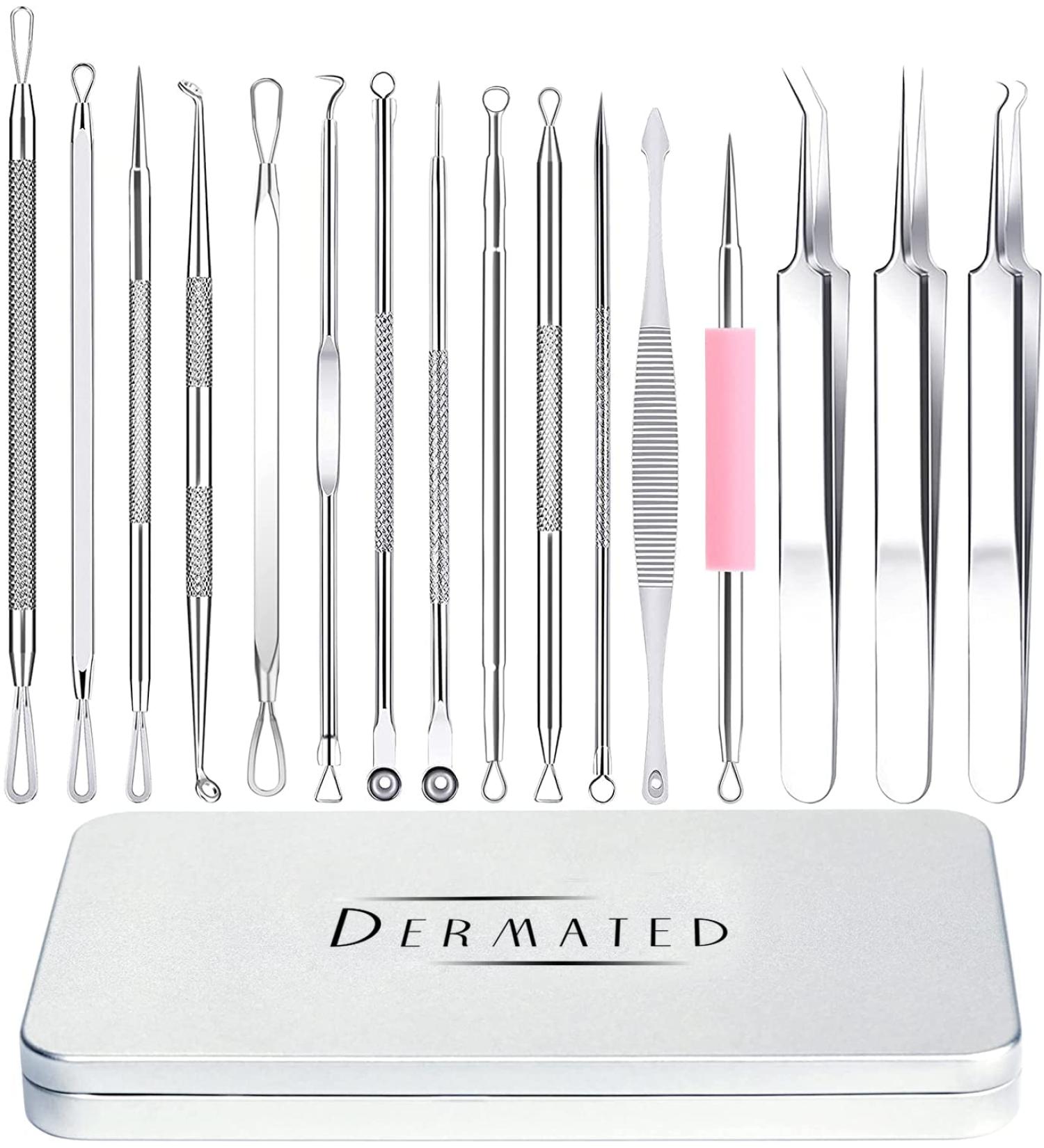 Dermated 16 PCS Blackhead Remover Pimple Popper Tool Kit | Stainless Acne Extraction Set for Face & Nose | Blemish & Whitehead Remover Tools in Metal Case - Buy Online on GoSupps.com