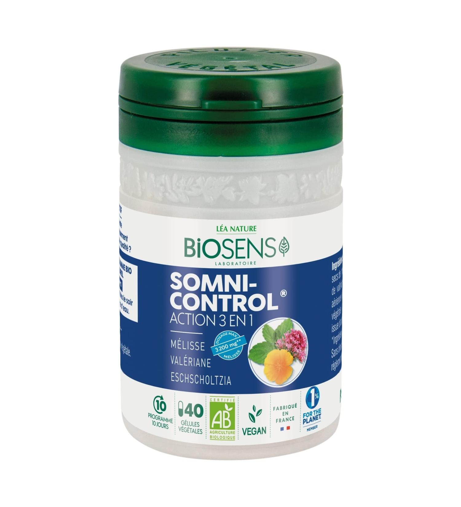 Biosens - Somni Control Vegetable Capsule - 3-in-1 Action - Melissa Valerian and Eschscholtzia - Certified Organic AB Vegan - Made in France - 10 Day Program - 40 capsules - Buy Online on GoSupps.com