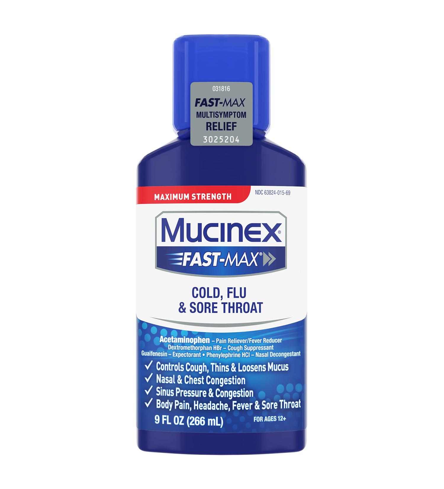 Mucinex Fast-Max Maximum Strength Cold Flu & Sore Throat Liquid 9oz - Multi-Symptom Relief for Ages 12 - Buy Online on GoSupps.com