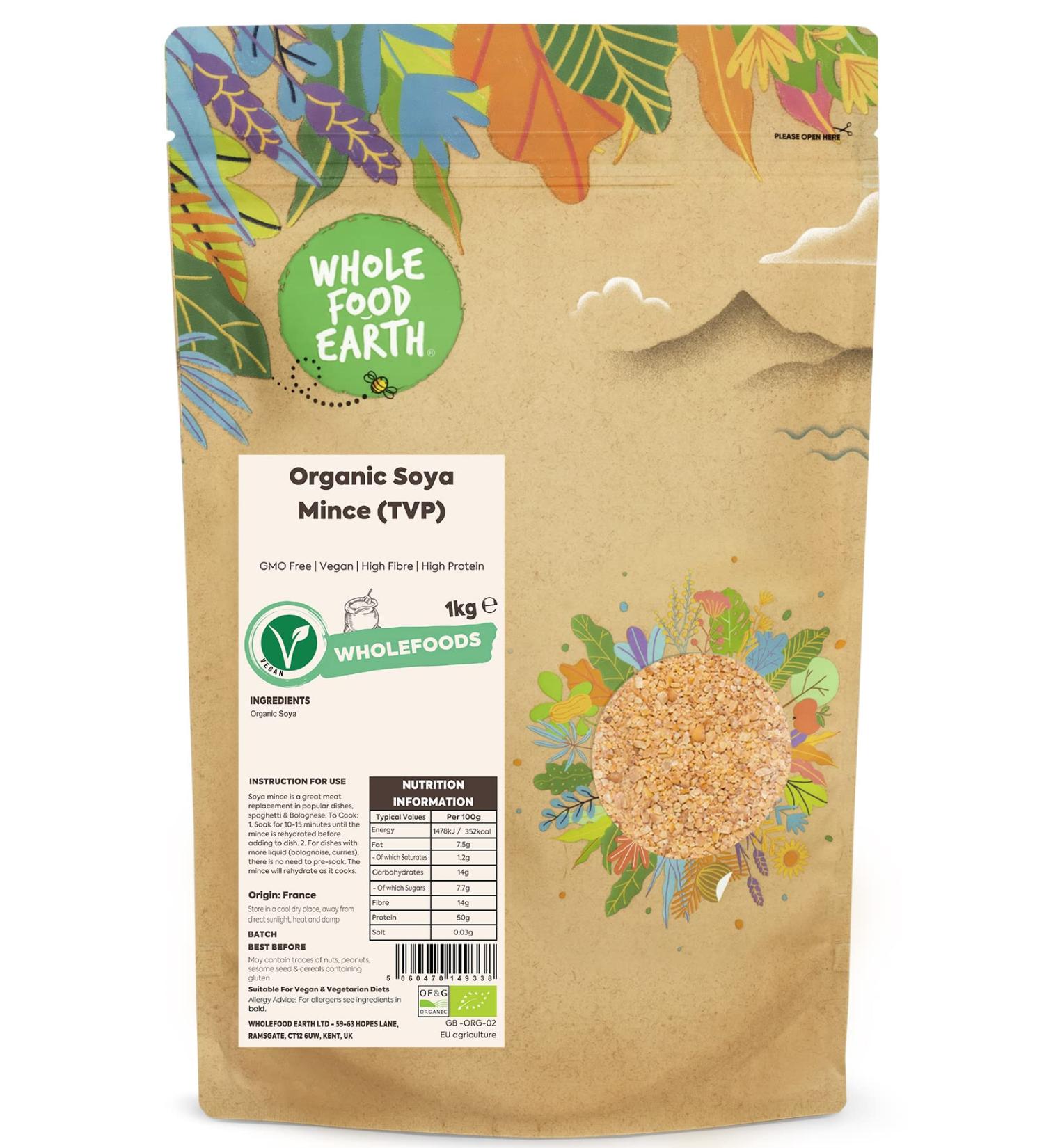 Wholefood Earth Organic SOYA Mince 1kg - GMO Free, Vegan, High Fibre, High Protein - Buy Online on GoSupps.com