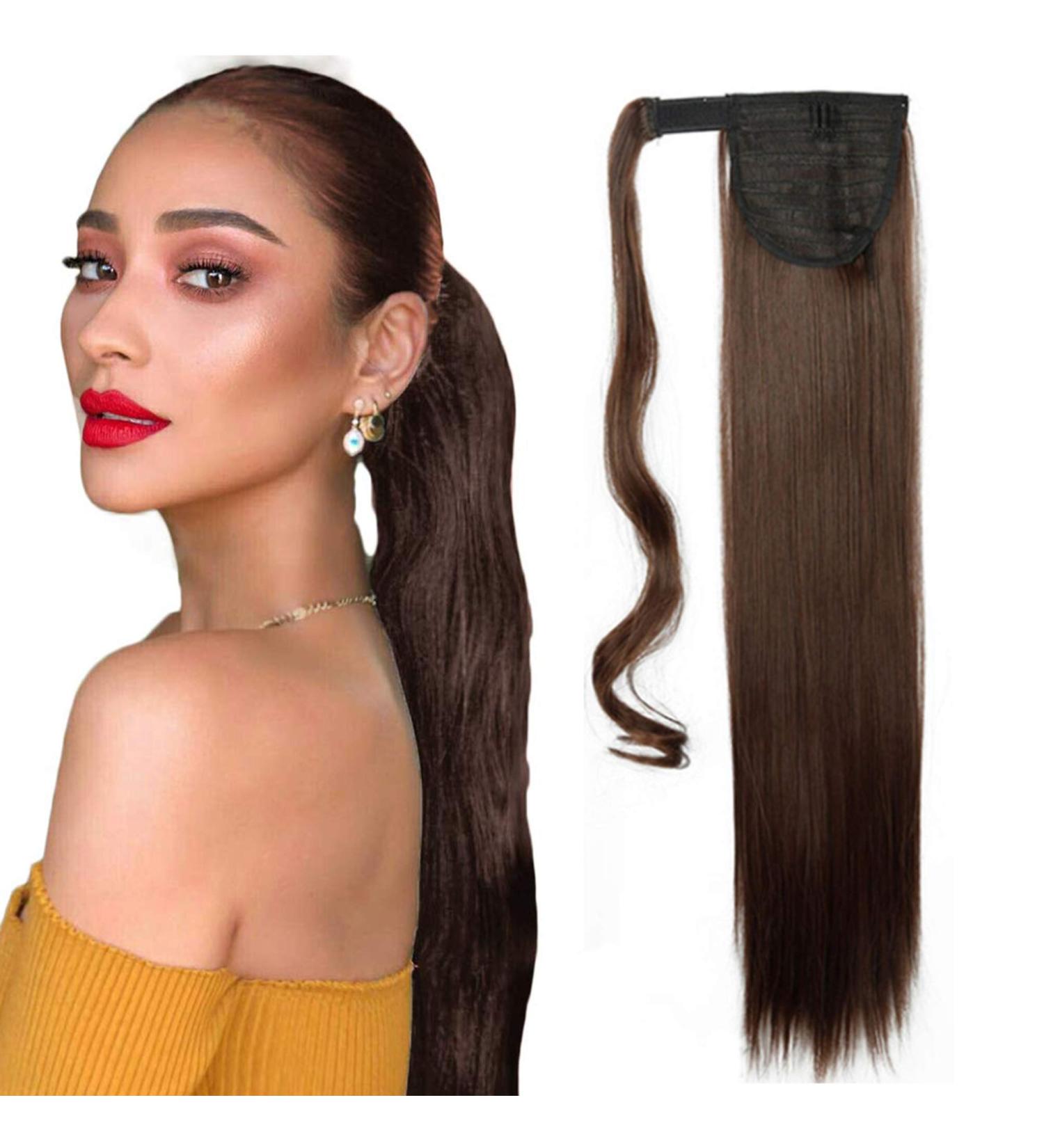 26 Inch Long Straight Wrap around Ponytail Extensions Synthetic Clip in Ponytail Hair Extensions Hairpiece for Women Ladies - Medium Brown - Buy Online on GoSupps.com