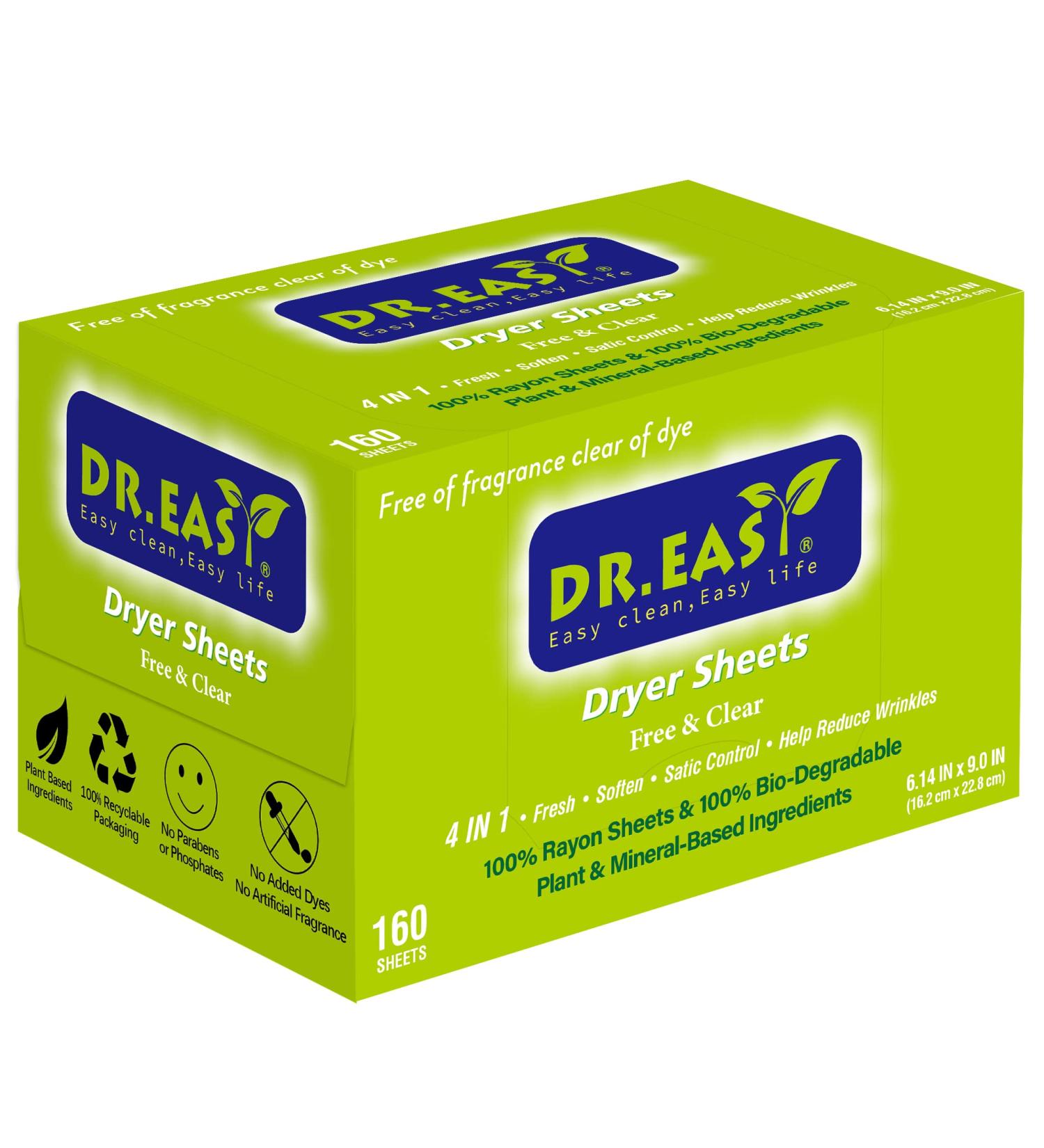 Dr.Easy Free & Clear Dryer Sheets - 160 Ct, Plant Based, Hypoallergenic, Unscented & Dye-Free - Buy Online on GoSupps.com