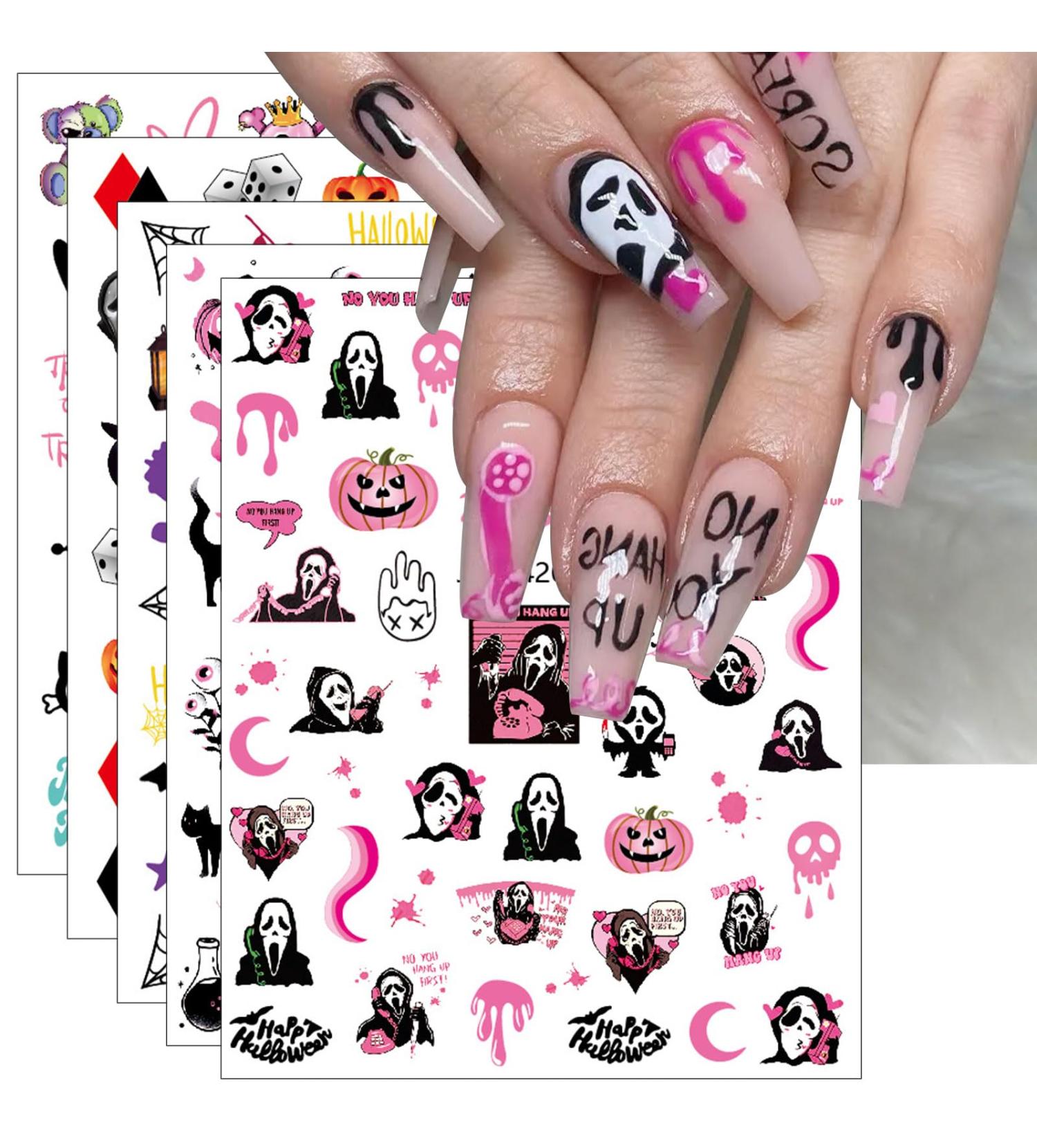 Pink Halloween Valentine's Day Nail Stickers 10 Sheets Self-Adhesive Nail Decal Pumpkin Ghosts Pink Nail Art Decoration Design Supplies - Buy Online on GoSupps.com