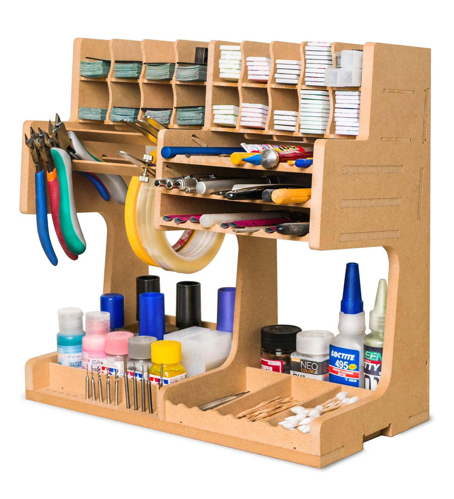 Bucasso Wooden Model Kit Organizer Rack | Tool Storage Box for Model Making | Wooden Paint Rack with Screwdriver/Brush Holder | MDF Material | Ideal for Tamiya Paints & Model Tools - Buy Online on GoSupps.com
