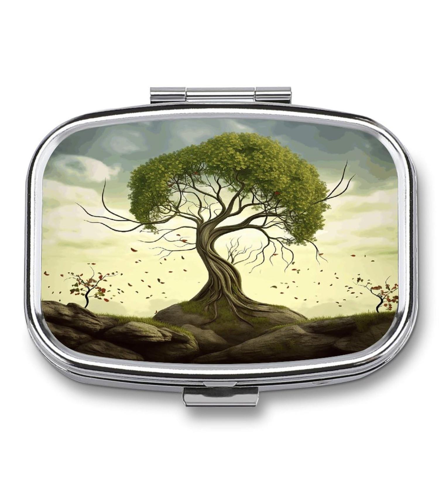 Shop Stylish Pill Box Trees Print - 2 Compartment Medicine Organizer | Portable Metal Pill Case for Pocket & Purse - Ideal for Travel & Daily Use - Buy Online on GoSupps.com