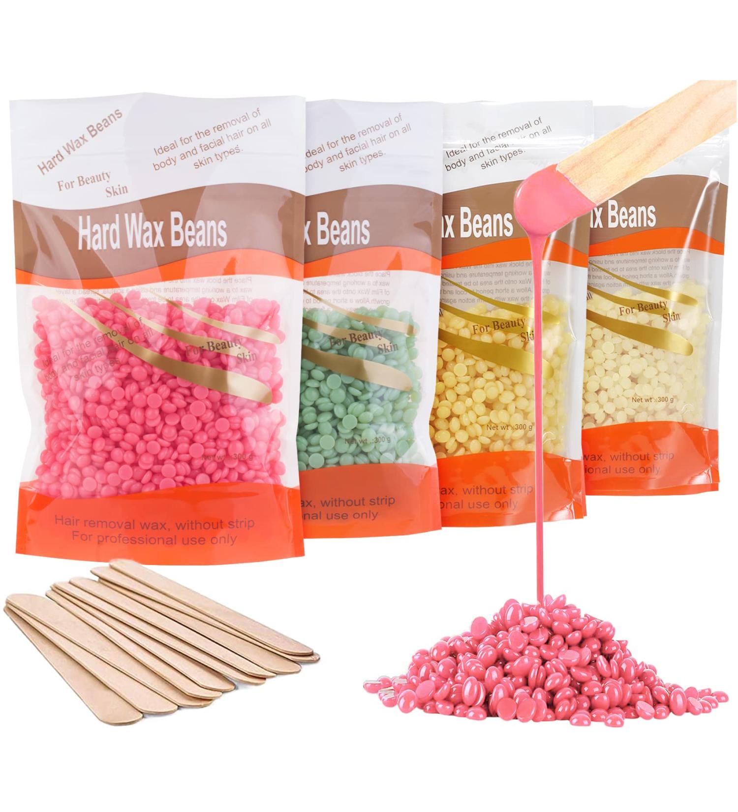 Showvigor Hard Wax Beads for Hair Removal - 4 Colors, 4 Bags - Brazilian Bikini Face Body Legs Back At Home - Blue Pearl Beads - 400g with 10 Wax Sticks - Buy Online on GoSupps.com