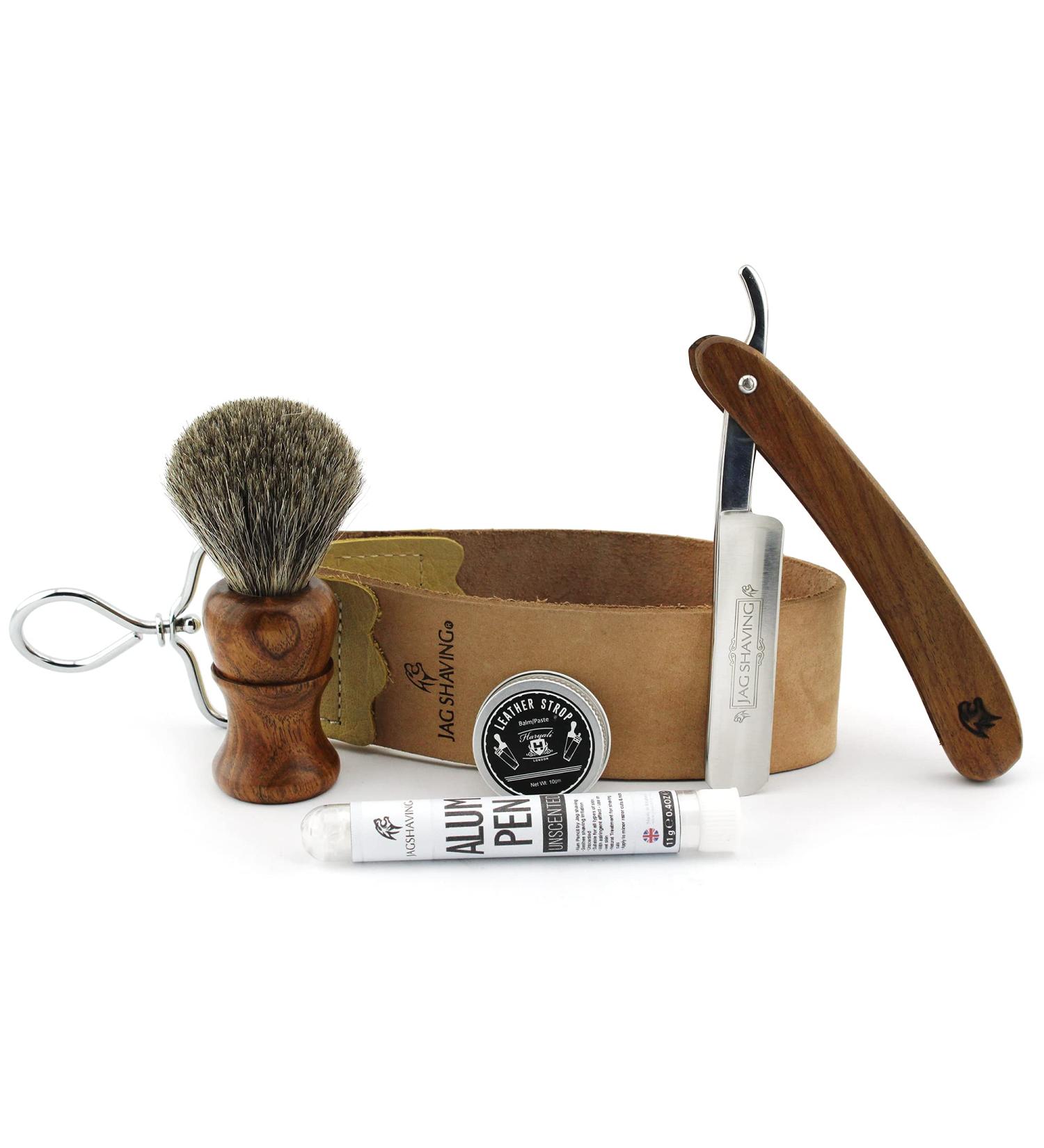 JAG 5-Part Sustainable Shaving Razor Set | Wooden Brush Leather String Grinding Paste & Alum Wand | Eco-Friendly Shaving Experience - Buy Online on GoSupps.com