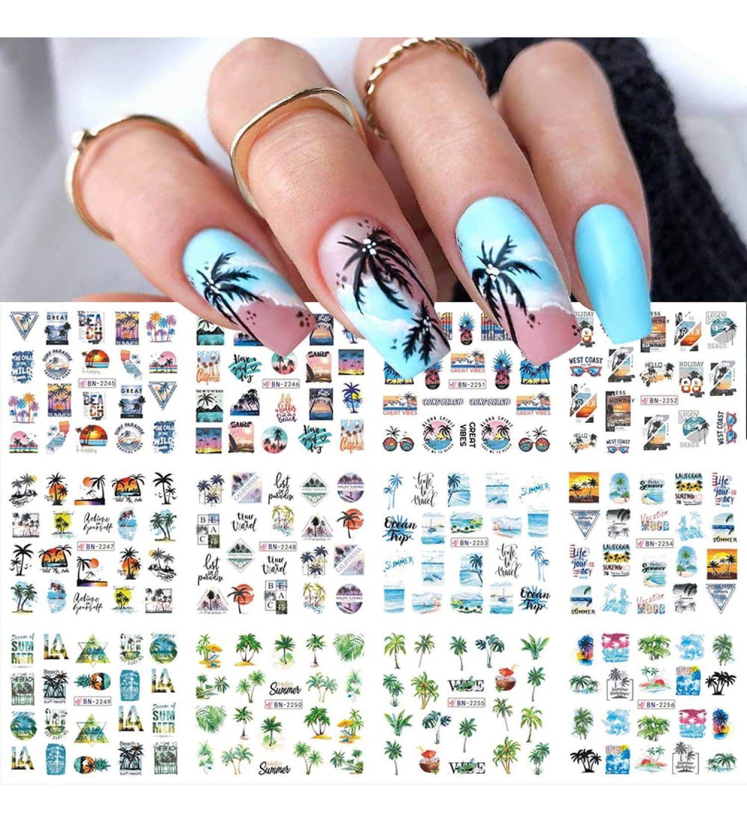 Seaside Series Nail Art Stickers - Green Coconut Palm Beach Design - Summer Holiday Decorations - DIY Nail Art Supplies - Buy Online on GoSupps.com