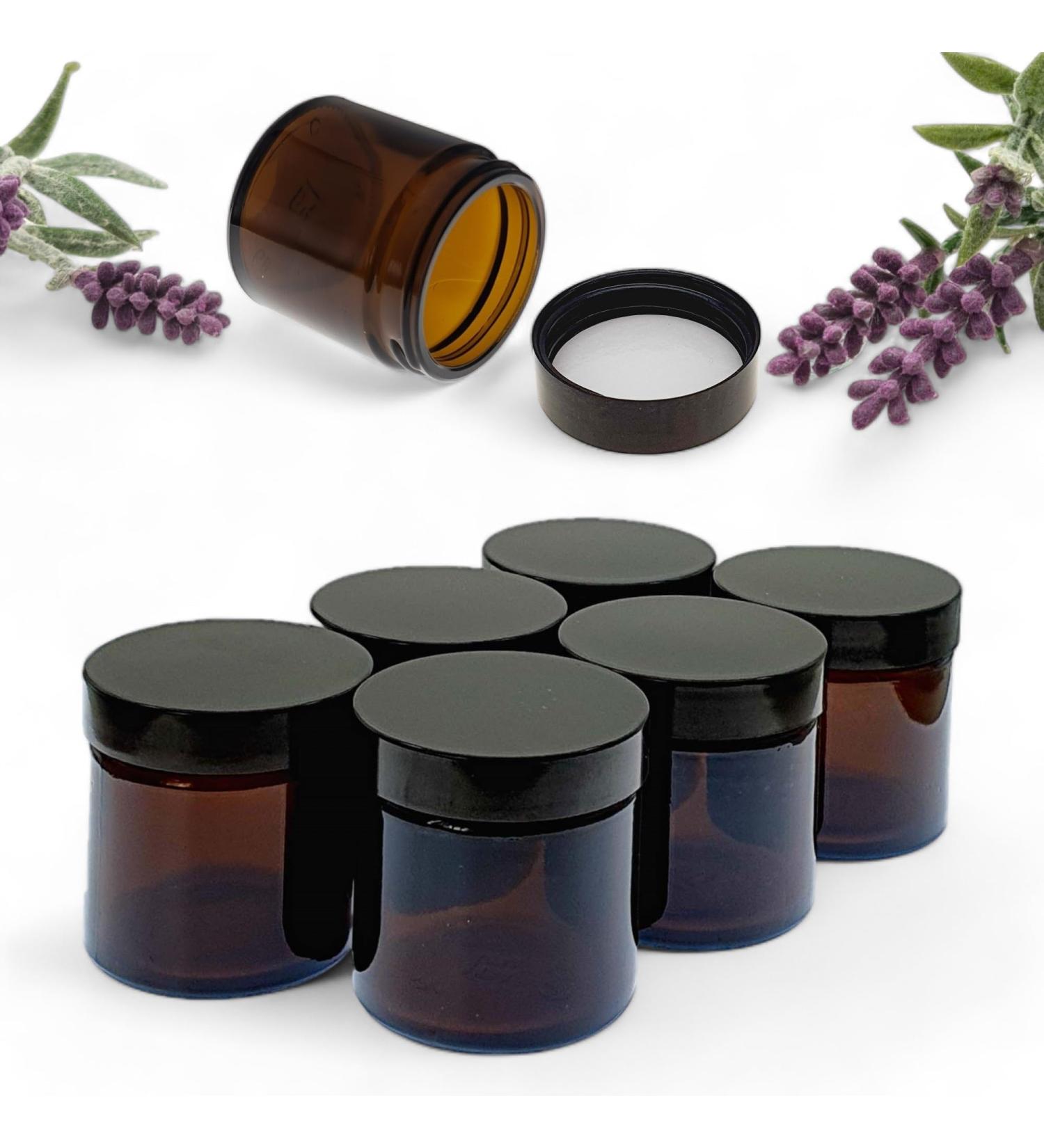 Set of 6 Amber Glass Jars - 60ml Brown Glass Container Jars for Storage with Airtight Black Lids Luxury Cosmetic Container for Candles Creams & Salves - Buy Online on GoSupps.com