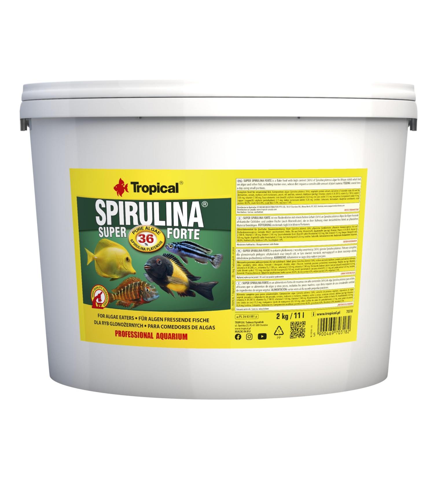 Super SPIRULINA Forte 36% 11L / 2kg - for Fish with Very Demanding Nutritional Needs, Flakes