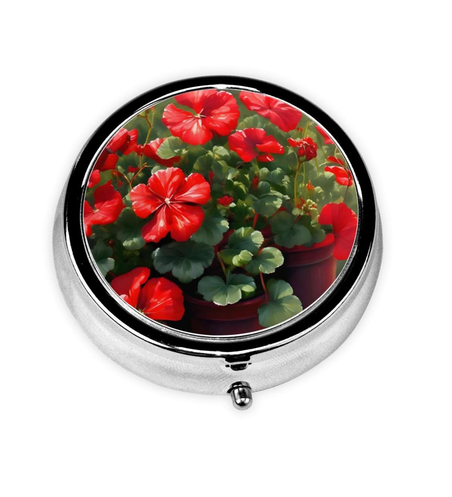 Red Geraniums Round Pill Box - 3 Compartment Travel Organizer for Easy Medication Management - Buy Online on GoSupps.com