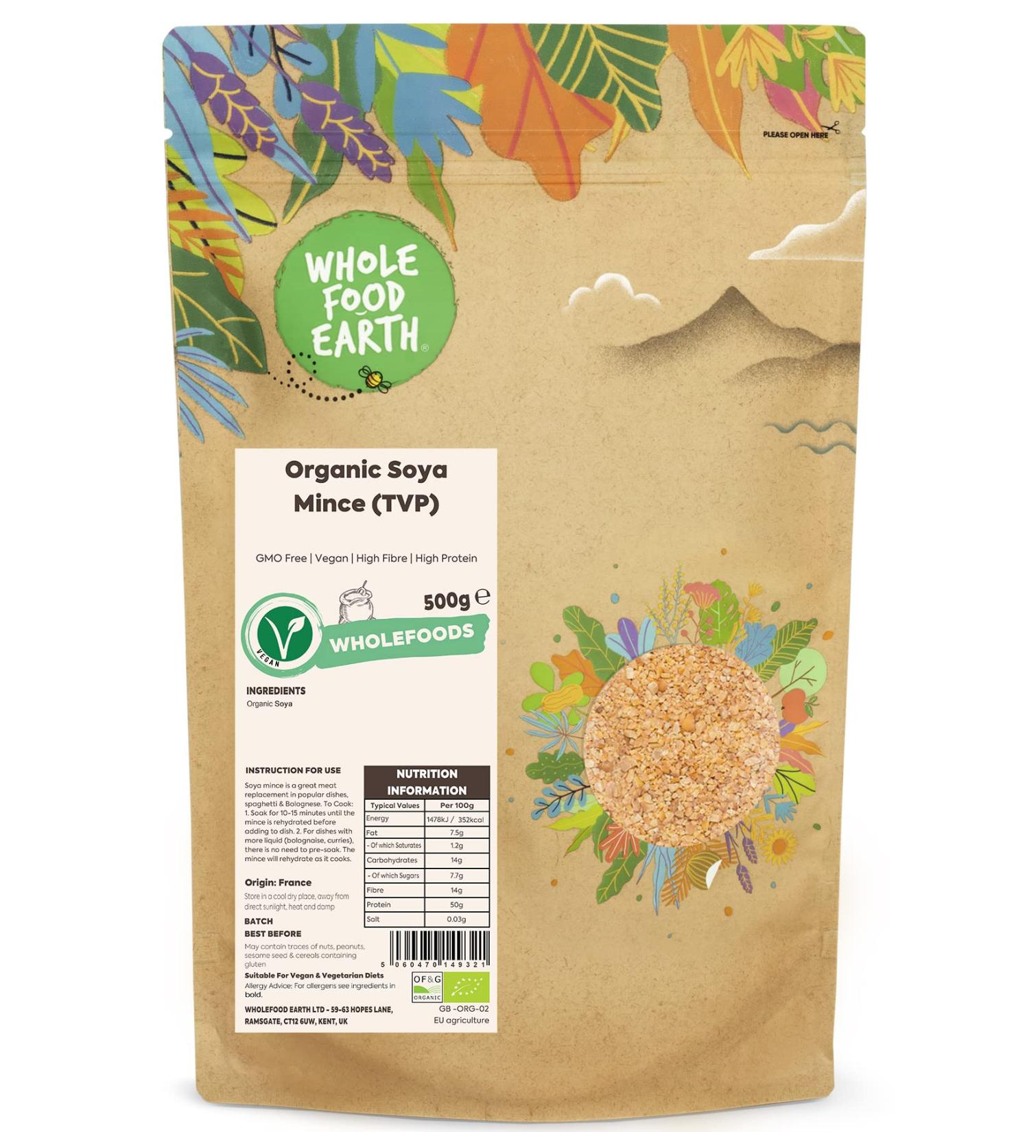 Wholefood Earth Organic SOYA Mince (TVP) 500g - GMO Free, Vegan, High Fibre, High Protein, Certified Organic - Buy Online on GoSupps.com