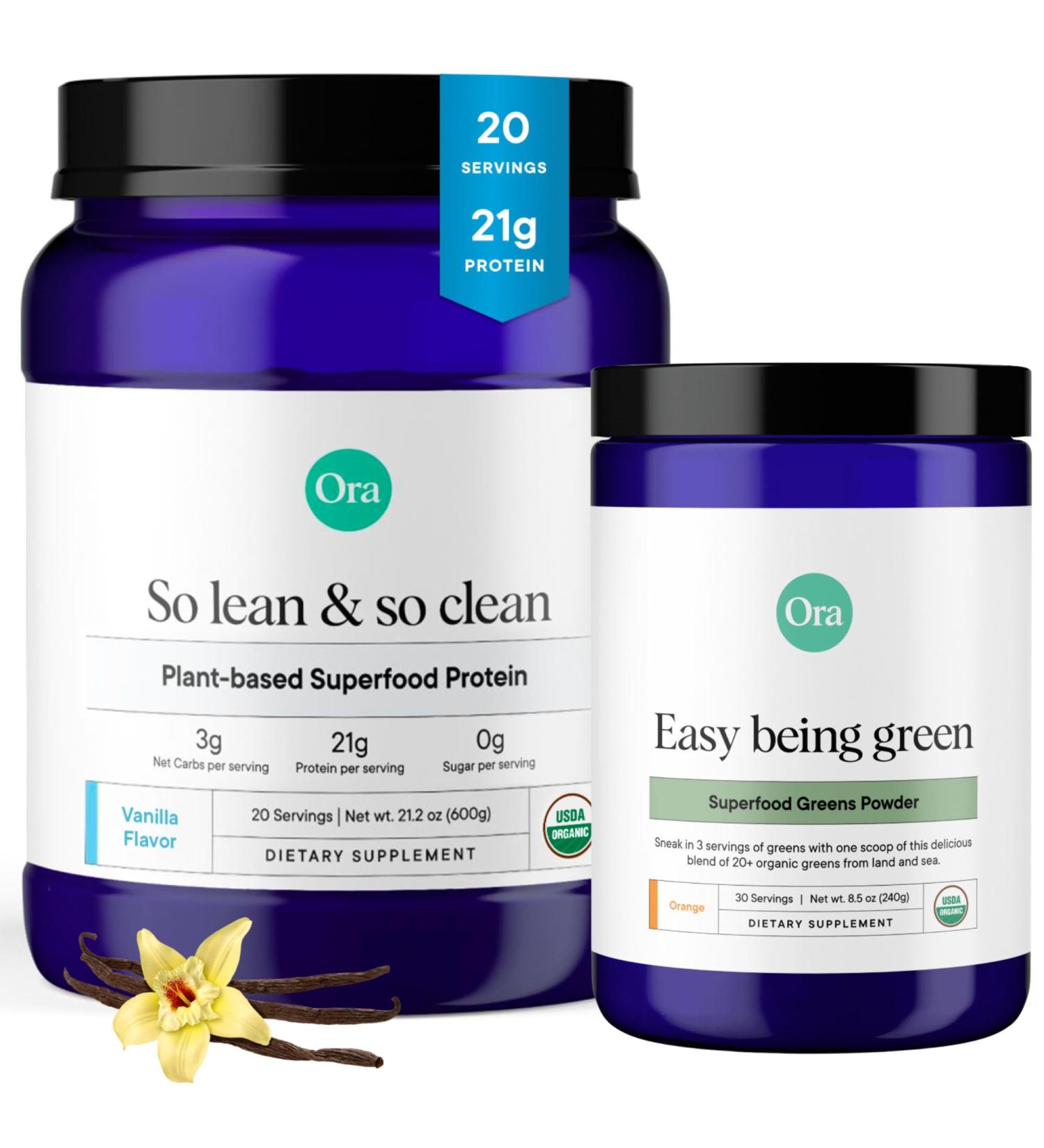 Ora Organic Greens Powder & Protein Power Bundle: 20+ Superfood Greens Blend - Citrus Flavor 30 Servings + 21g Plant Based Protein Powder Vanilla Flavor 20 Servings - Buy Online on GoSupps.com
