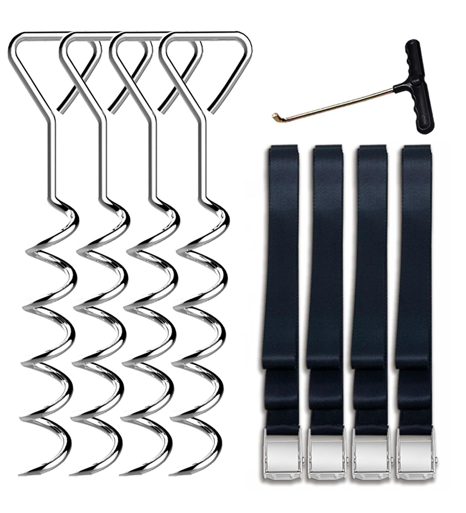 Eurmax USA Heavy Duty Trampoline Stakes Anchor Kit - Set of 4 Steel Corkscrew Shape Stakes with T Hook and Bonus Strong Belts - Buy Online on GoSupps.com