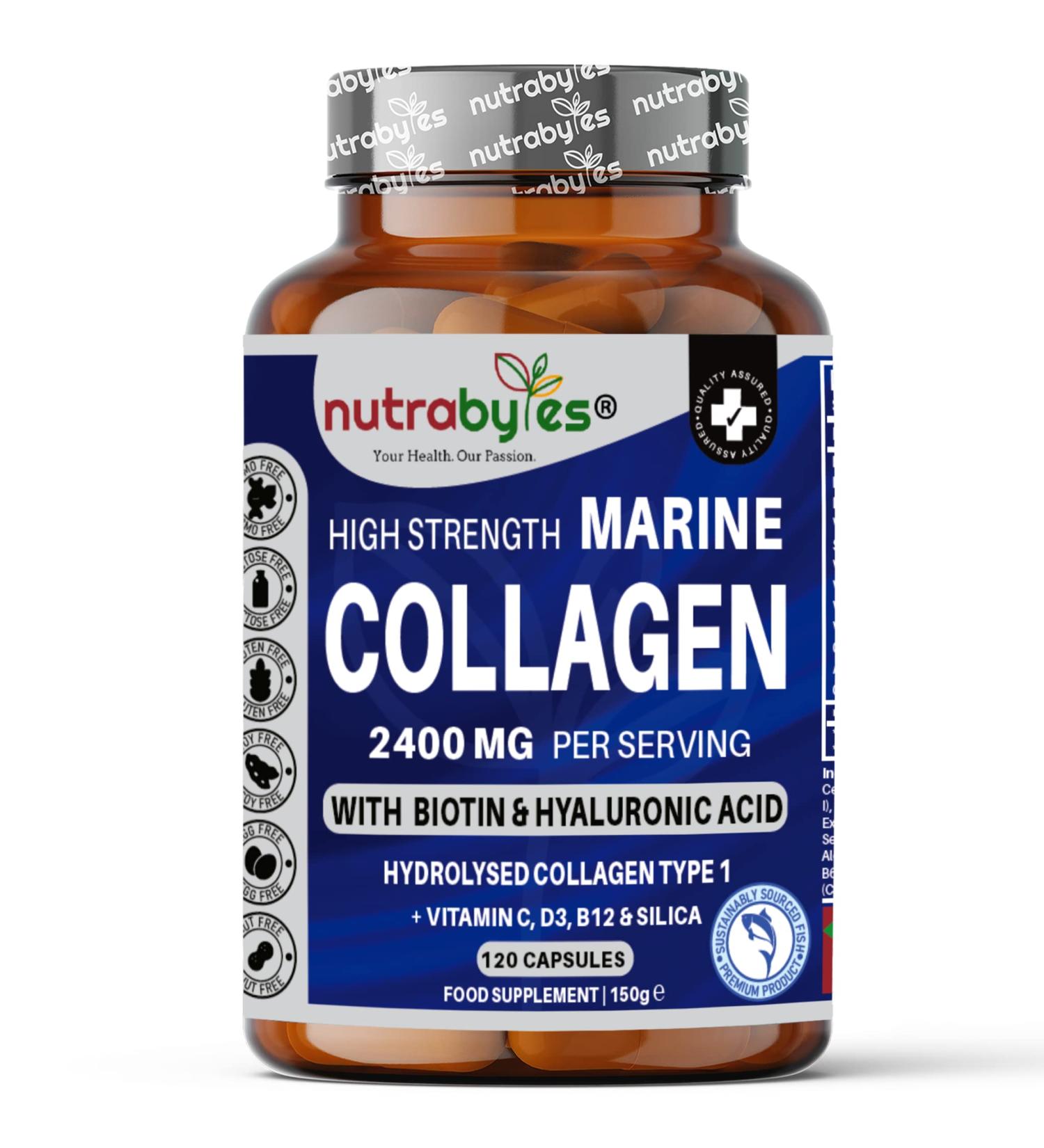 Marine Collagen 2400mg with Hyaluronic Acid, Biotin, Vitamin C, D3, B12 & Silica | 120 Capsules | High Strength Hydrolysed Marine Collagen | Made in UK | Men and Women - Buy Online on GoSupps.com