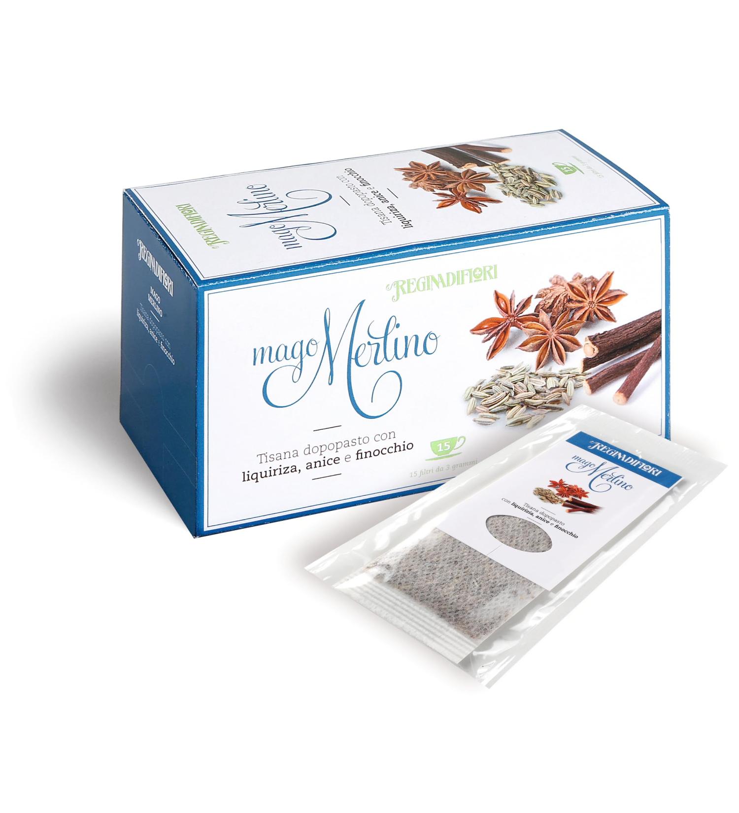 Regina di Fiori Regina di Fiori - Magician Merlin Herbal Tea with licorice anise and fennel. 4 boxes of 15 x 3g filters (60 filters total)