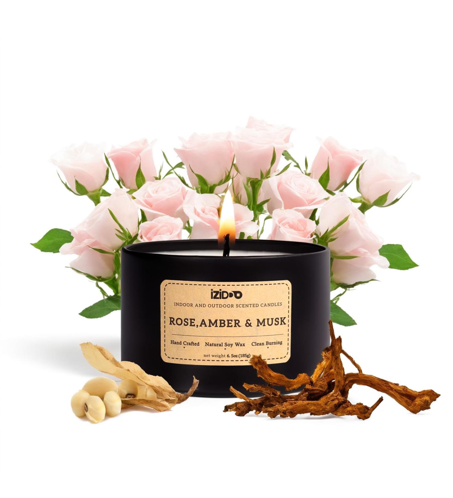 IZIDDO Scented Candles - Outdoor Patio Candles Rose & Amber Musk 6.5oz | Natural Gift for Men - Strong Aroma for Home - Buy Online on GoSupps.com