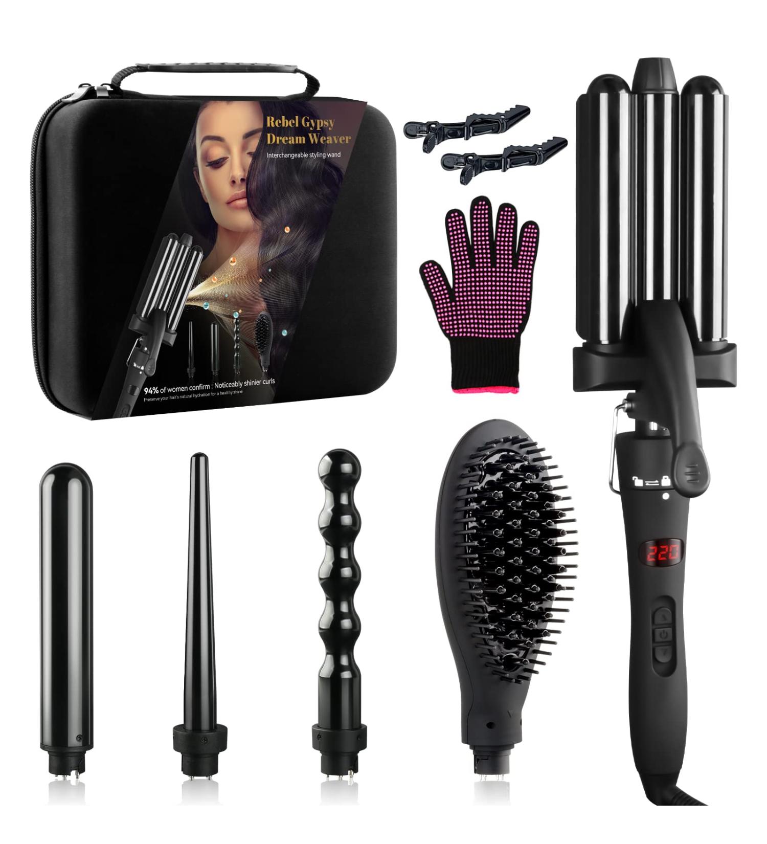 WeChip 5 in 1 Curling Wand Set with Ceramic Tourmaline 3 Barrel Hair Waver, Straightener Brush, Curling Irons, LED Display Hair Curler - All-in-One Hair Styling Tool - Buy Online on GoSupps.com