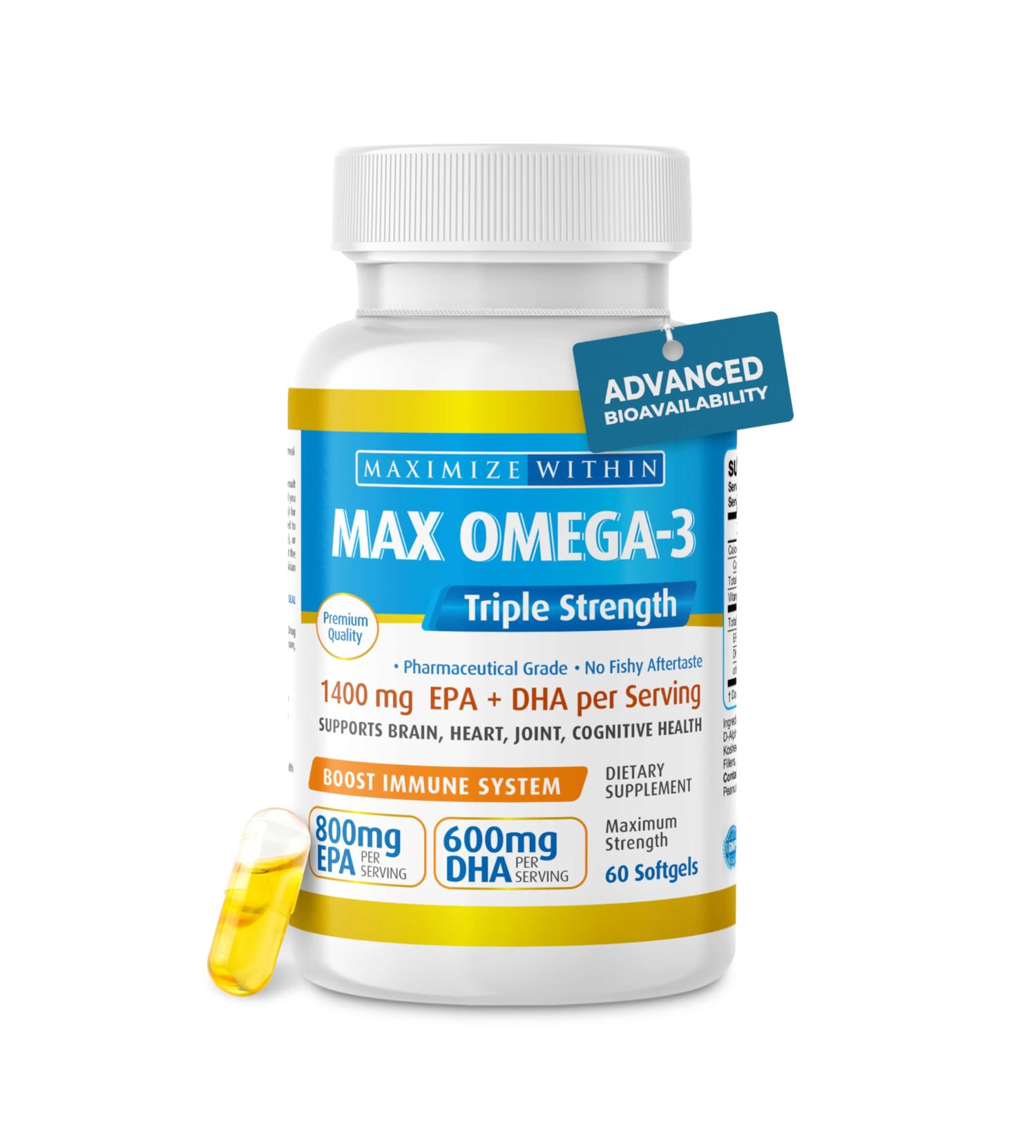 Maximum Slim Max Omega 3 Fish Oil Pills - Triple Strength Fish Oil Supplement (2000 mg Total Omega 3 Fatty Acids: 600mg DHA + 800 mg EPA per Serving) - Buy Online on GoSupps.com
