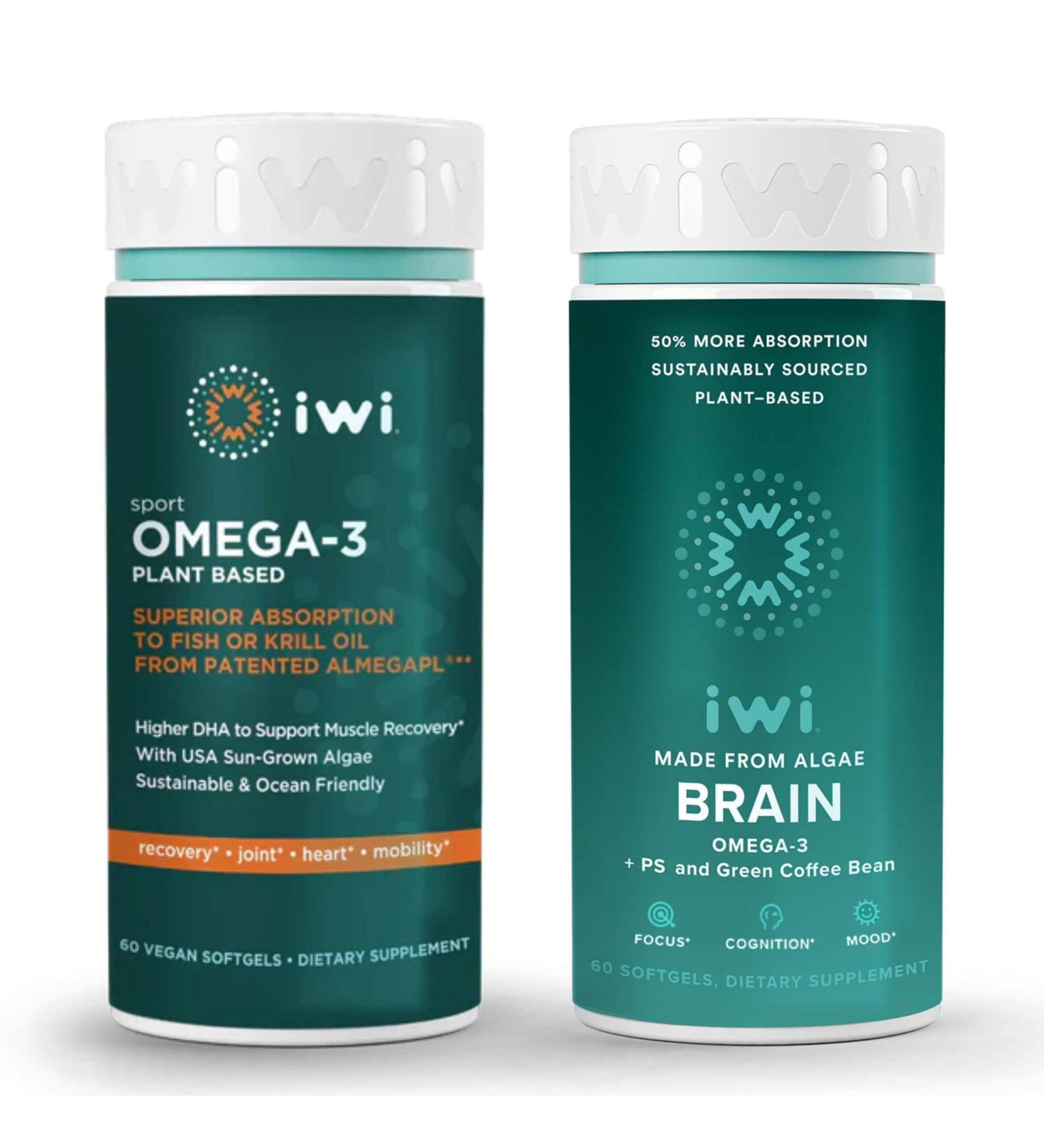 iwi Omega-3 Sport & Brain Omega-3 Bundle 30 Servings Vegan Plant-Based Algae Omega 3 with EPA + DHA Krill & Fish Oil Alternative No Fishy Aftertaste - Buy Online on GoSupps.com