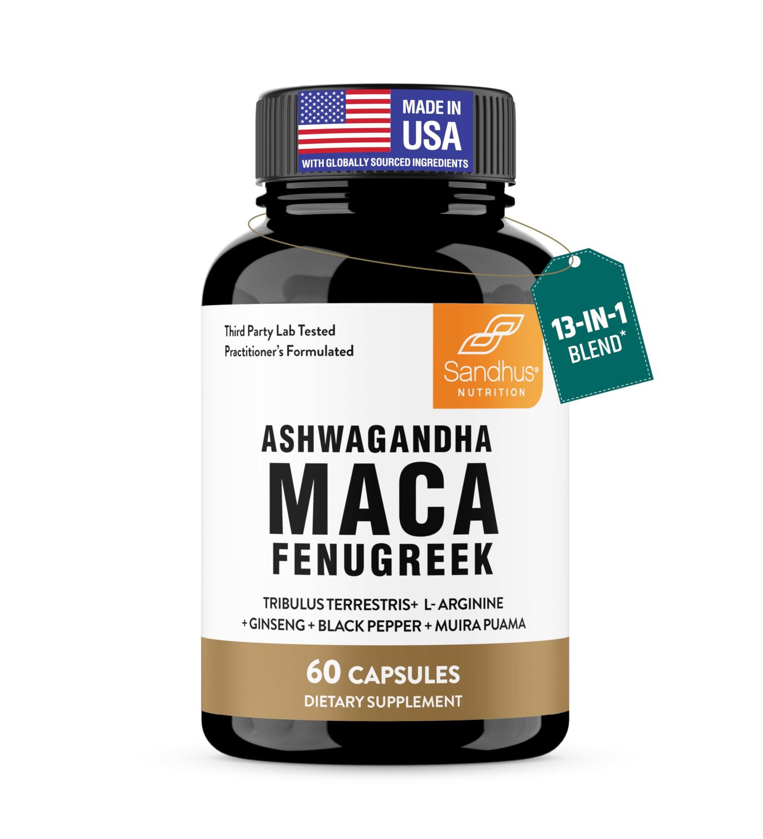 Sandhu's Maca Root Fenugreek with Ashwagandha L-Arginine Ginseng and Muira Puama | Herbal Supplement for Men & Women | 60 Capsules (Pack of 1) - Buy Online on GoSupps.com