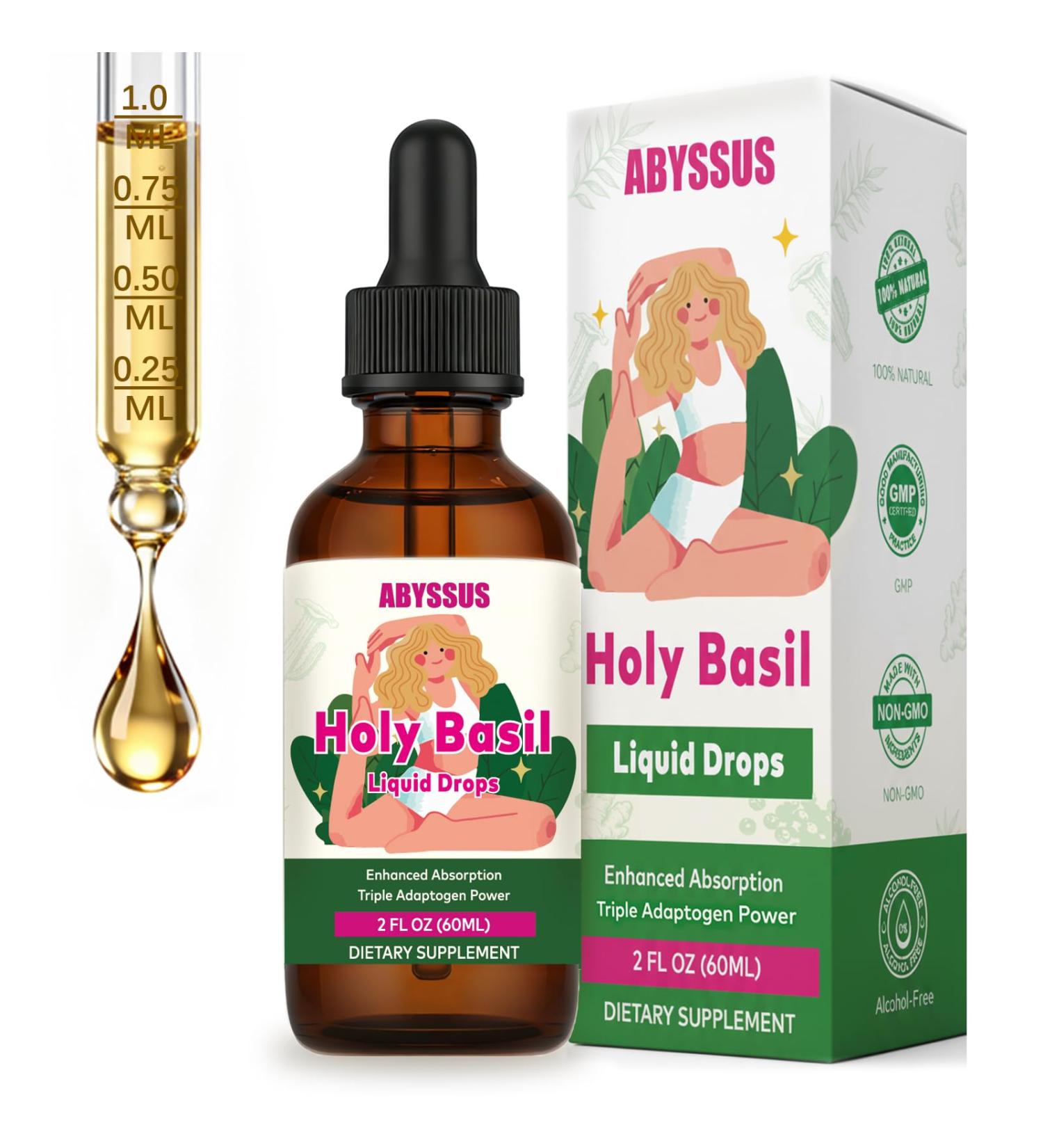 ABYSSUS Holy Basil Liquid Drops Alcohol-Free Tulsi Tincture with Ashwagandha for Stress Relief | Organic Vegan Non-GMO Adaptogen Supplement 2 fl oz - Buy Online on GoSupps.com