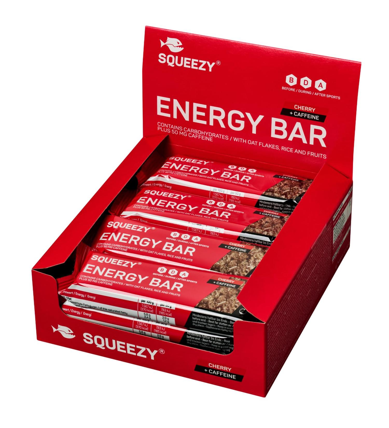 Squeezy Energy Bar 12 Pack - Cherry + Caffeine | Carbohydrate-Rich Fitness & Energy Booster for Endurance Sports | 50 mg Caffeine Per Bar - Buy Online on GoSupps.com