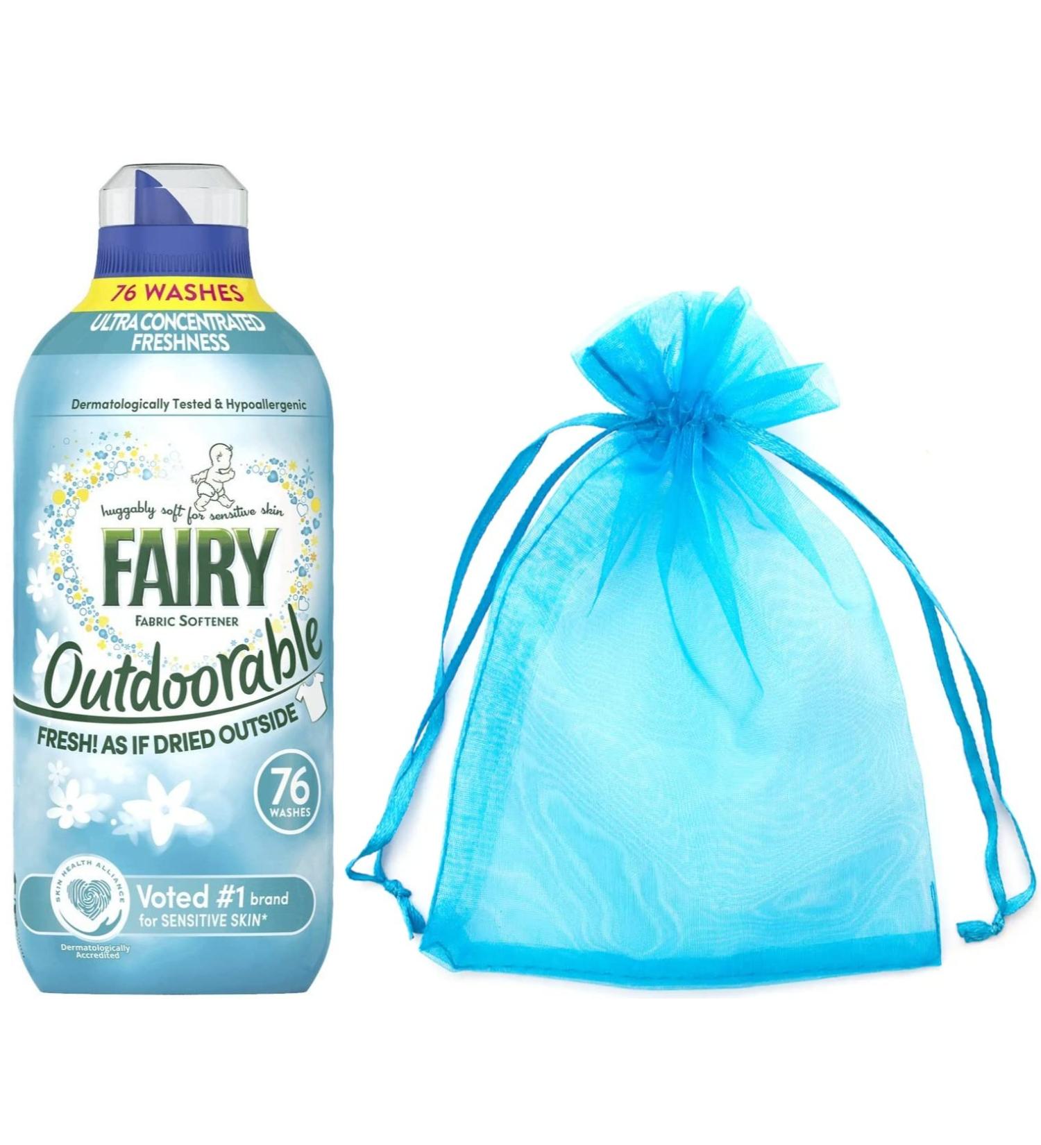 Fairy Outdoorable Non Bio Fabric Conditioner Huggably Soft for Sensitive Skin Ultra Concentrated Freshness 76washes 1Pk 1064ml + Our Gift for You: Organza Bag Size: 9 x 7 x 0.1cm - Buy Online on GoSupps.com