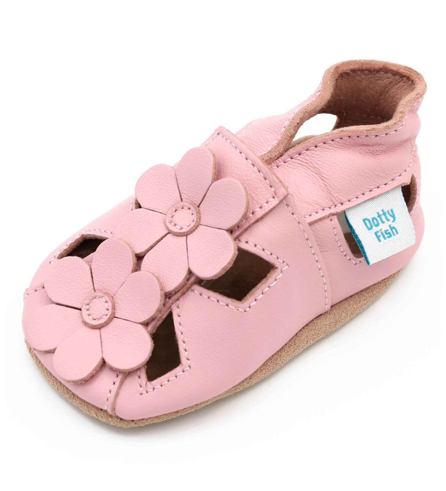 Dotty Fish Soft Leather Baby Shoes - Toddler Sandals with Non-Slip Suede Soles | Pink Flowers | Available in Sizes 0-6 Months to 3-4 Years - Buy Online on GoSupps.com