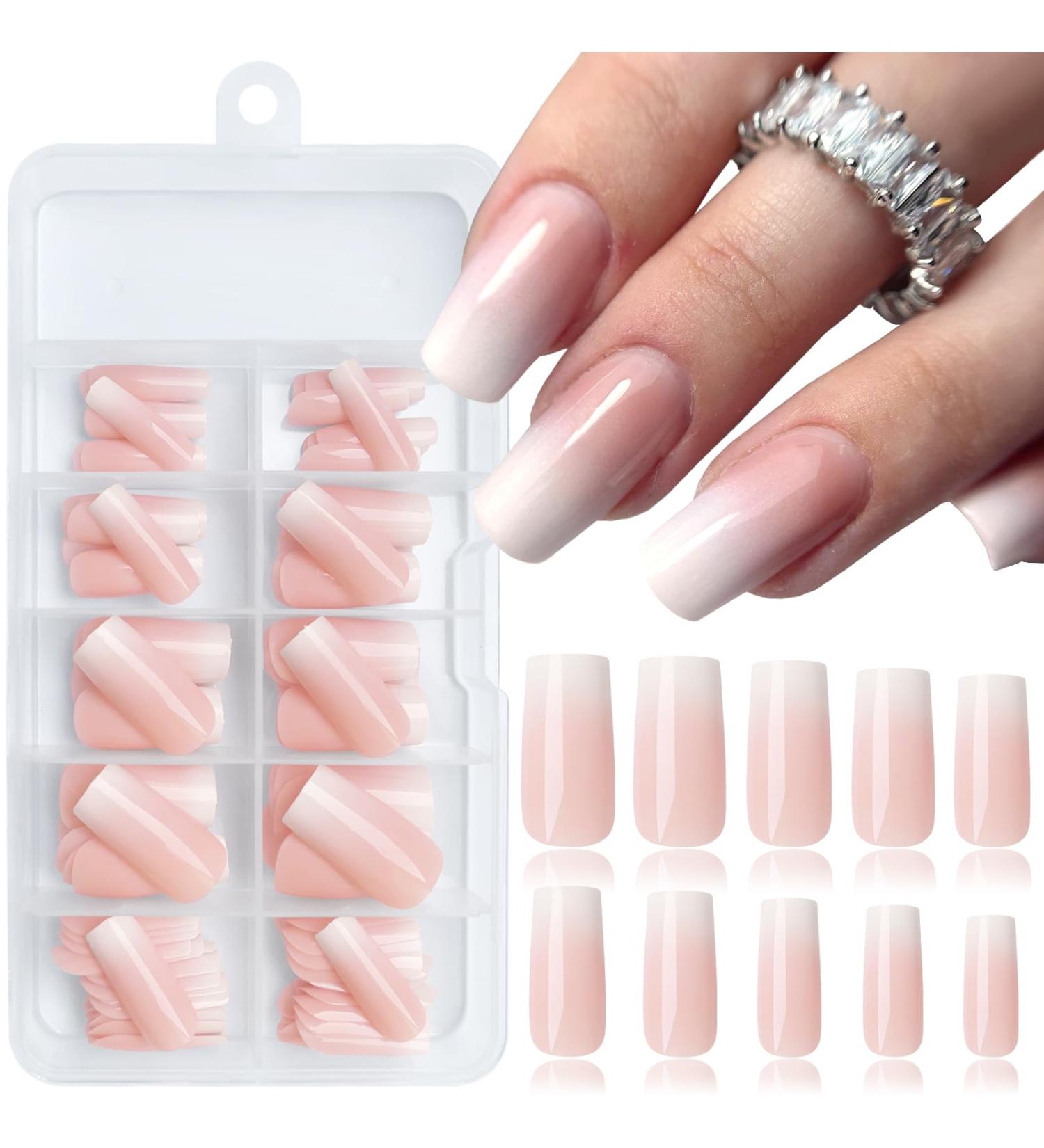 LoveOurHome 120pc Ombre Nude Square Press on Nails - Long Full Cover Glossy Fake Nails with Adhesive Glue Tabs - Buy Online on GoSupps.com