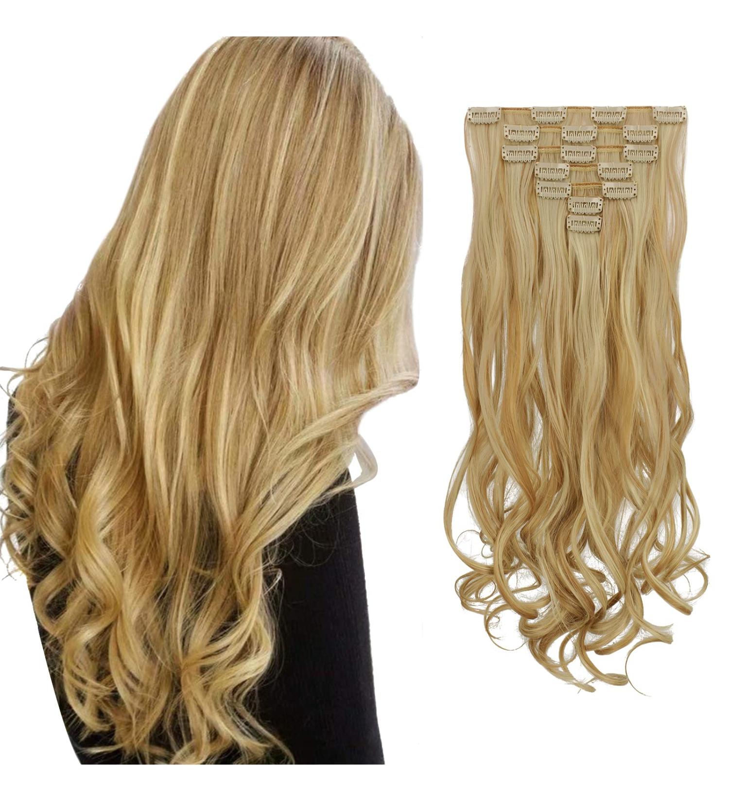 Feshfen 7-Part Clip-In Hair Extensions 50cm - Wavy Synthetic Hair in Strawberry Blonde & Bleach Blonde - 16 Clips for Women - Buy Online on GoSupps.com