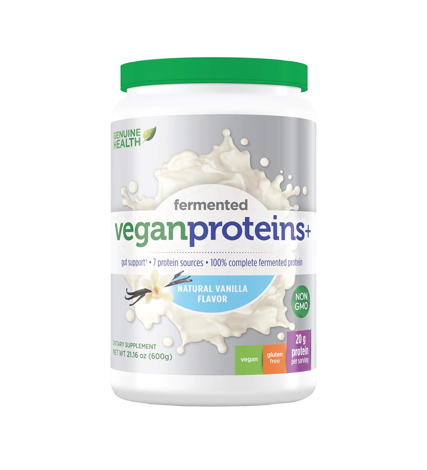 Genuine Health Fermented Organic Vegan Proteins+ Natural Vanilla Protein Powder - 20g Protein, 21.16 oz Tub, 20 Servings - Buy Online on GoSupps.com
