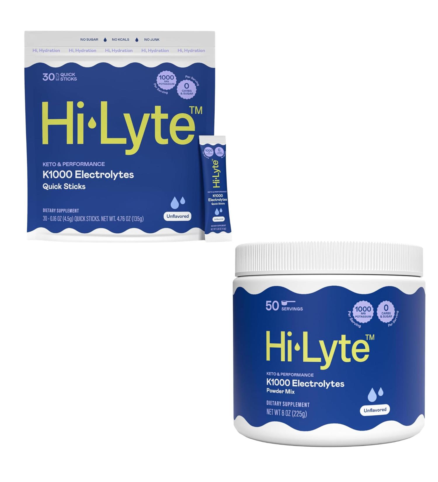 Hi-Lyte Hydration Bundle - Keto K1000 Unflavored Electrolyte Packets (30 Servings) and Keto K1000 Unflavored Electrolyte Powder (50 Servings) - Buy Online on GoSupps.com