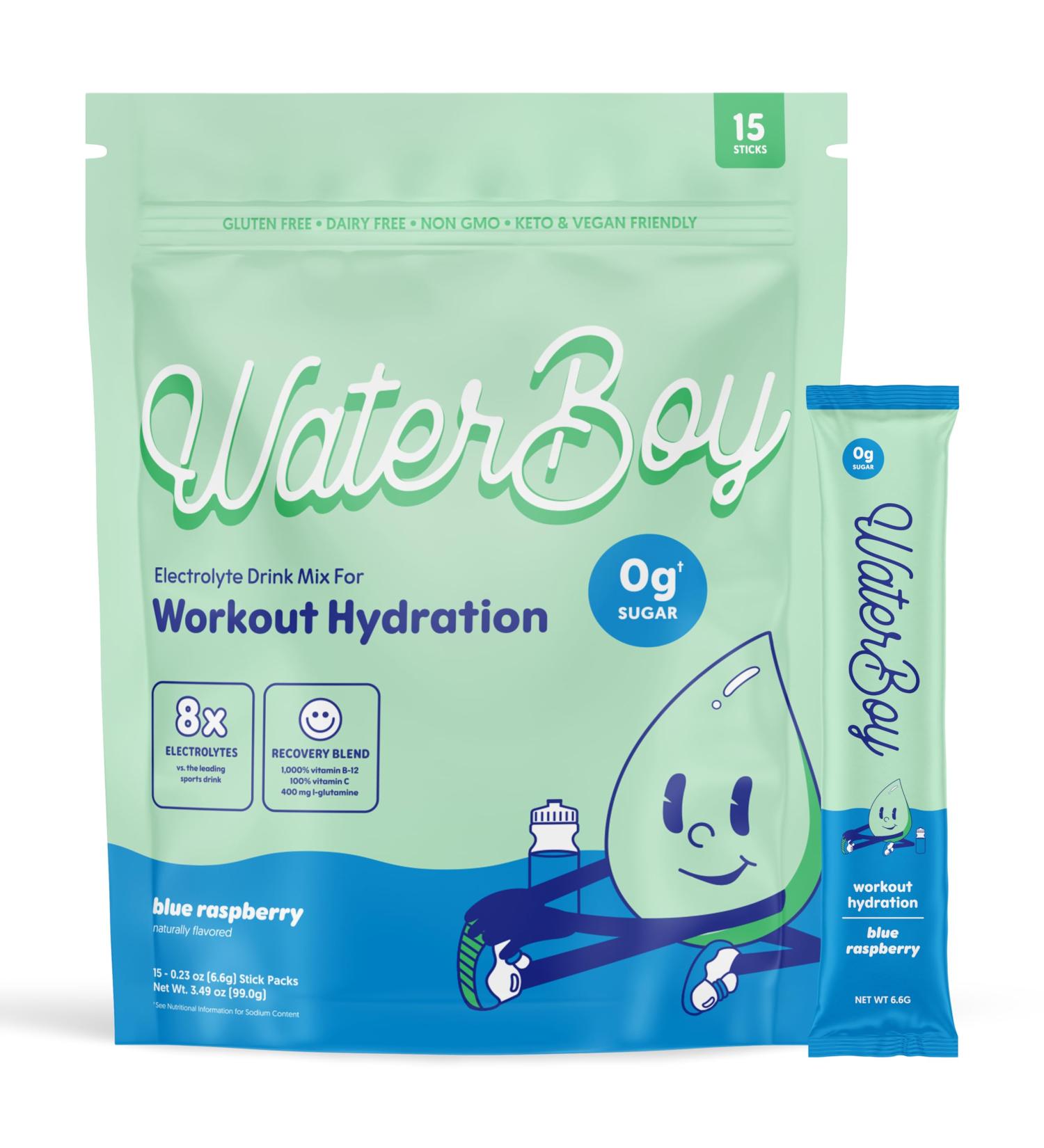 Waterboy Workout Hydration | Sugar-Free Electrolyte Powder Packets | L-Glutamine + Vitamins | Gluten-Free & All Natural | Blue Raspberry 15 Drink Stick Mixes - Buy Online on GoSupps.com