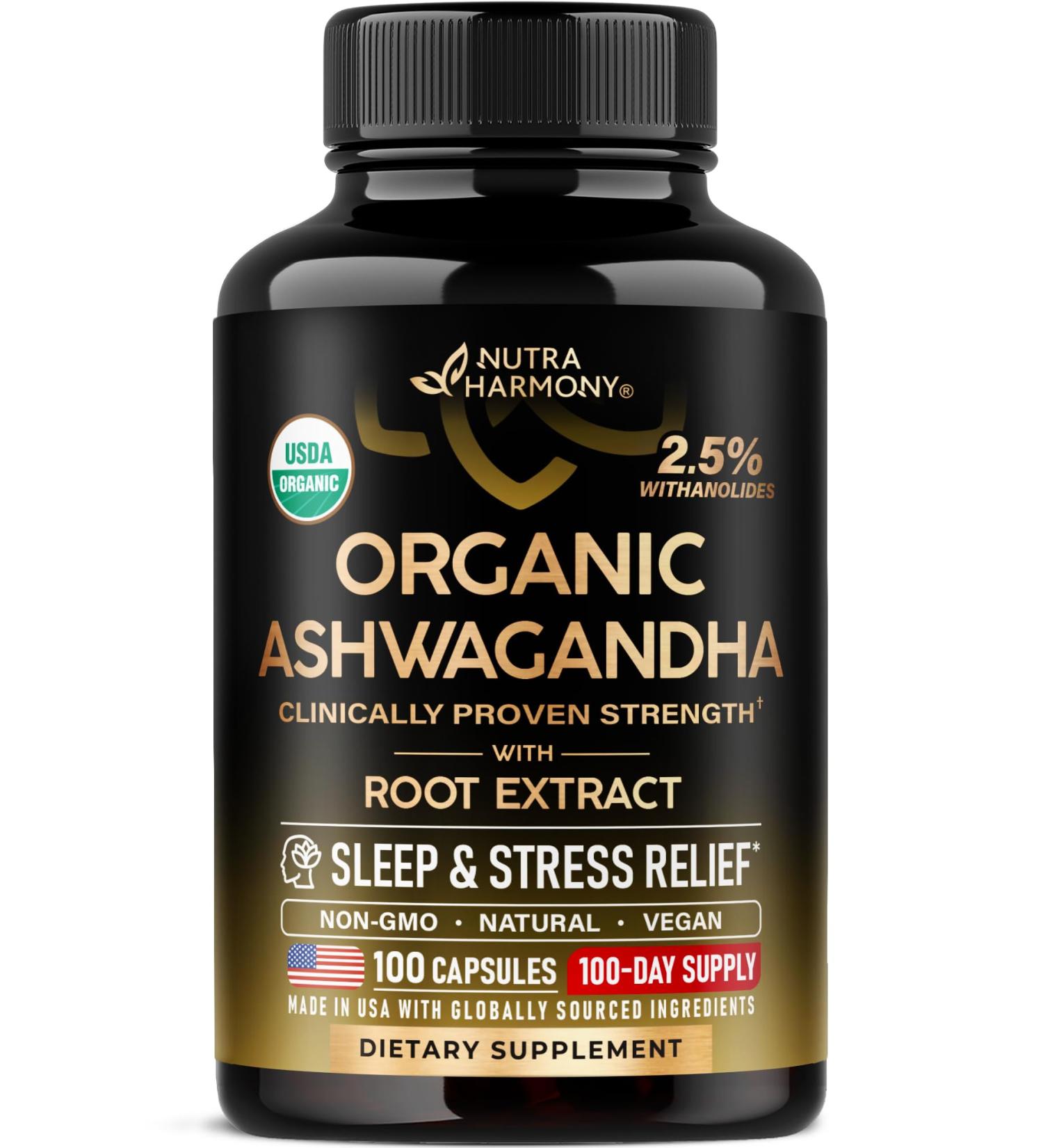 Ashwagandha Supplements 1800mg - USDA Organic Ashwagandha for Women & Men - Clinically Effective Strength for Stress Relief & Sleep - Powder & Root Extract 2.5% Withanolides - Made in USA 100 Capsules - Buy Online on GoSupps.com