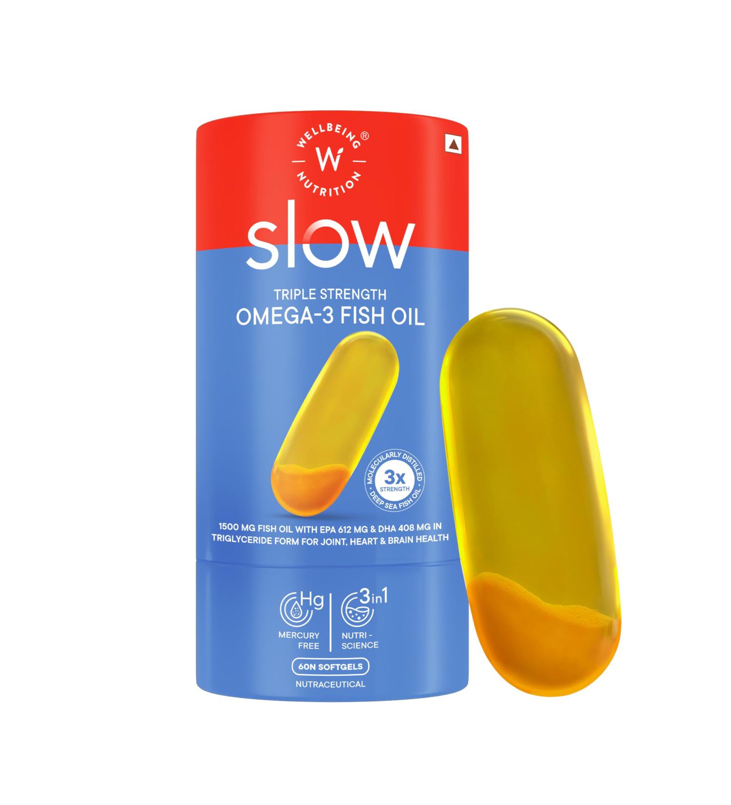 WELLBEING NUTRITION Slow | Extra Virgin Fish Oil 1240mg Omega-3 | EPA DHA & Curcumin in Advanced Triple Strength 1250mg Fish Oil |Brain Heart Joints Vision & Immunity for Men & Women(60 Capsules) - Buy Online on GoSupps.com