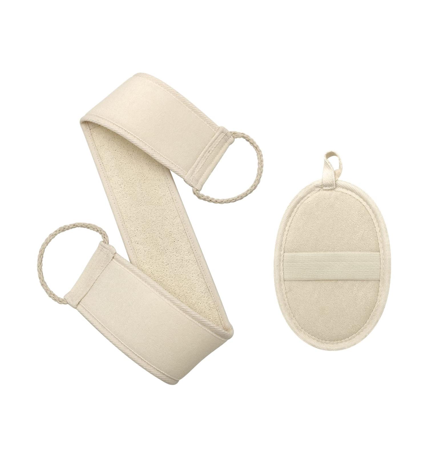 Pinkiou Loofah Exfoliating Back Scrubber 2 Piece Set - Natural Luffa Pad for Deep Body Exfoliation and Cleansing, Ideal for Men & Women Shower and Spa - Buy Online on GoSupps.com