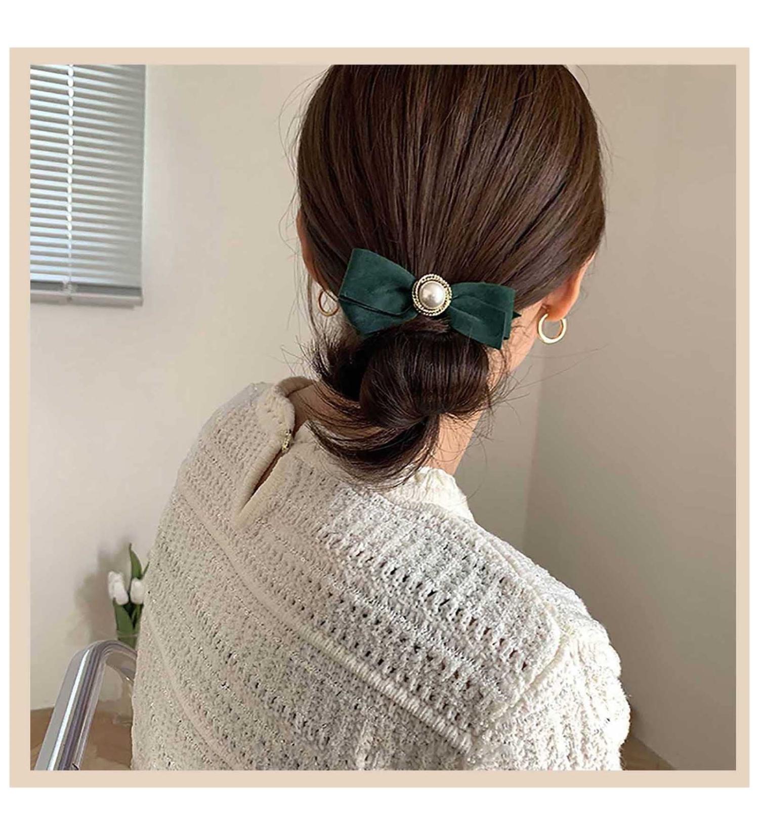 Inilbran Vintage Satin Bow Hair Barrettes Green Velvet Satin Bow Hair Clips Winter Ribbon Bow Headclip Barrette French Pearl Bowknot Hairclip Decorative Hair Accessories for Women(Green) - Buy Online on GoSupps.com