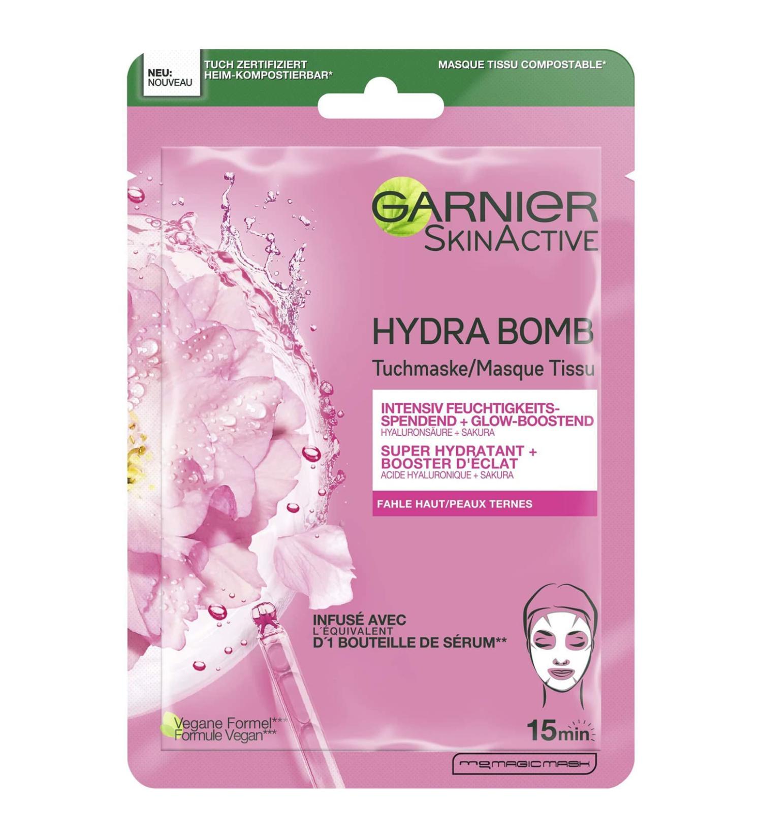 Garnier Hydra Bomb Cloth Mask for Pale Skin | Glow-Boosting Moisturizing | Hyaluronic Acid & Sakura | 28g - International Shipping Available - Buy Online on GoSupps.com