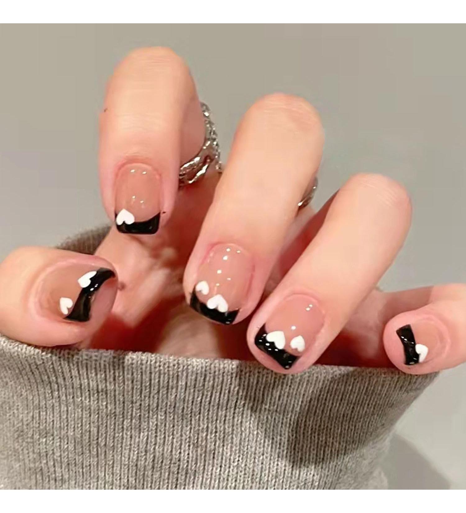 Handcess Square French Artificial Nails - Pink Shiny Short Press On Ballerina Heart Acrylic Nails for Women & Girls (24 pcs) - Buy Online on GoSupps.com