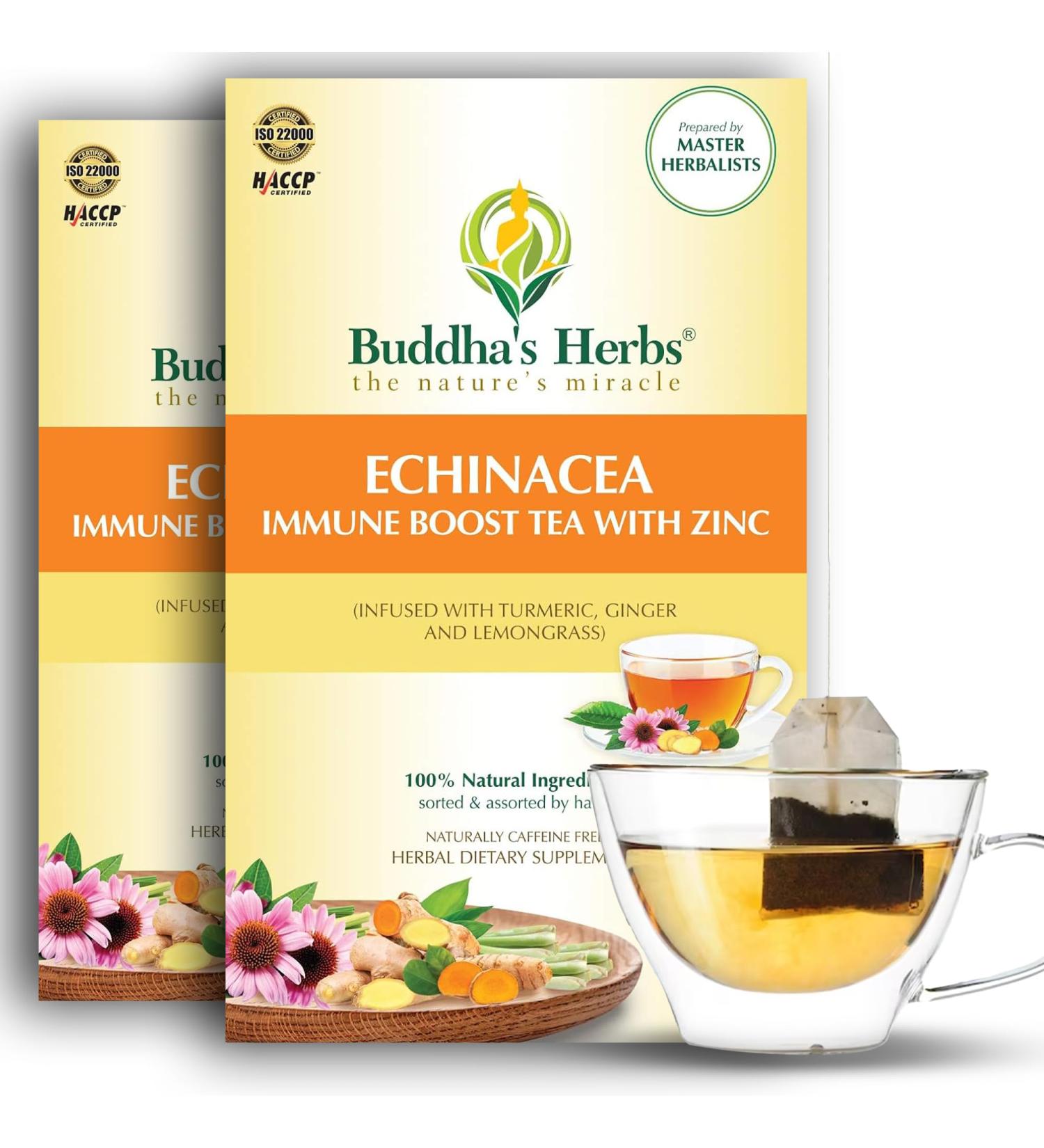 Buddha's Herbs Organic Echinacea Herbal Tea Supplement Immune Support Supplement with Zinc Turmeric Ginger & Lemongrass (2 Pack 44 Tea Bags) 22 Count (Pack of 2) - Buy Online on GoSupps.com