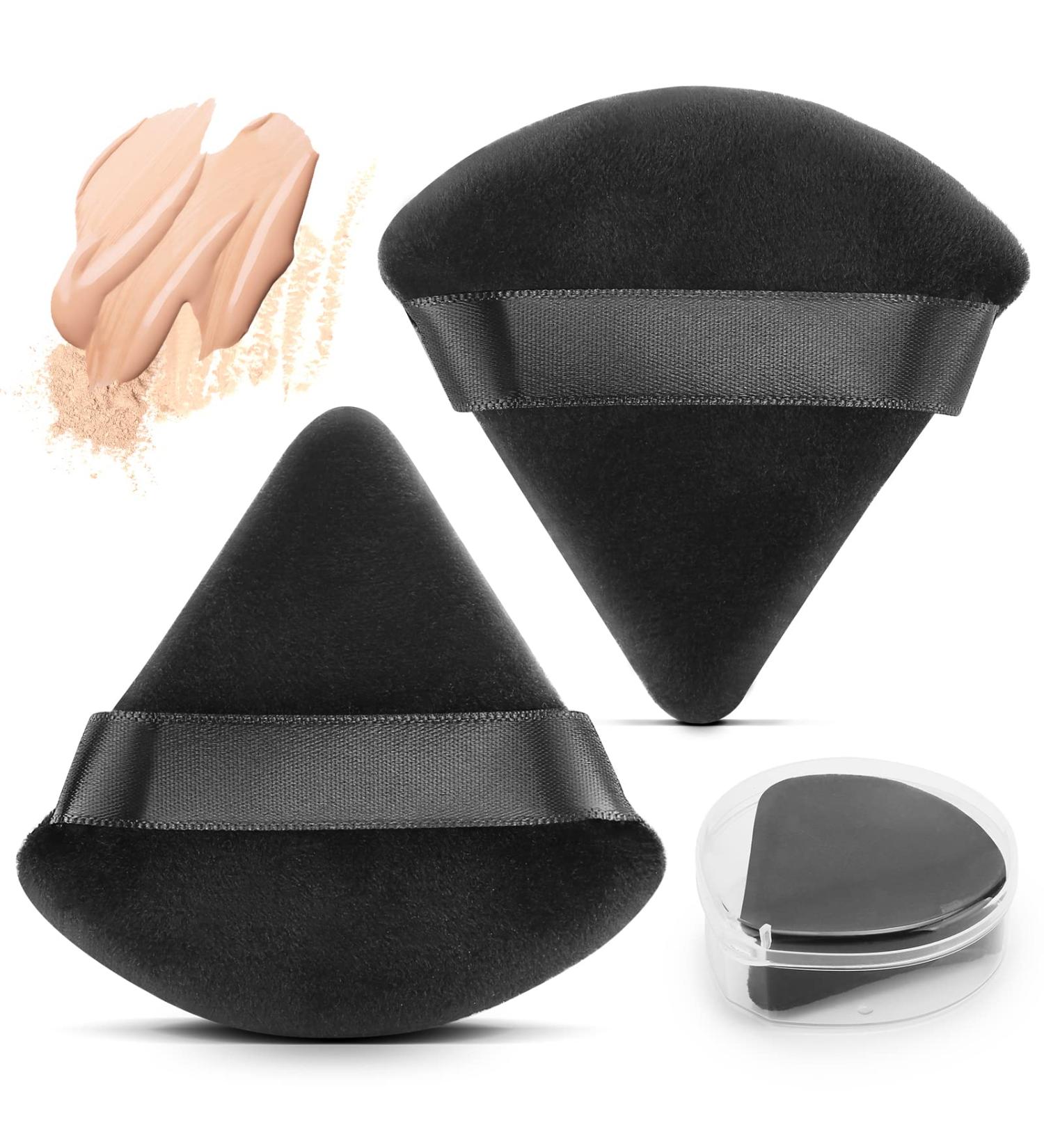 Hiyotec Triangle Makeup Puff Set - 2 Soft Velour Powder Puffs with Case for Setting Powder & Foundation - Black - Buy Online on GoSupps.com