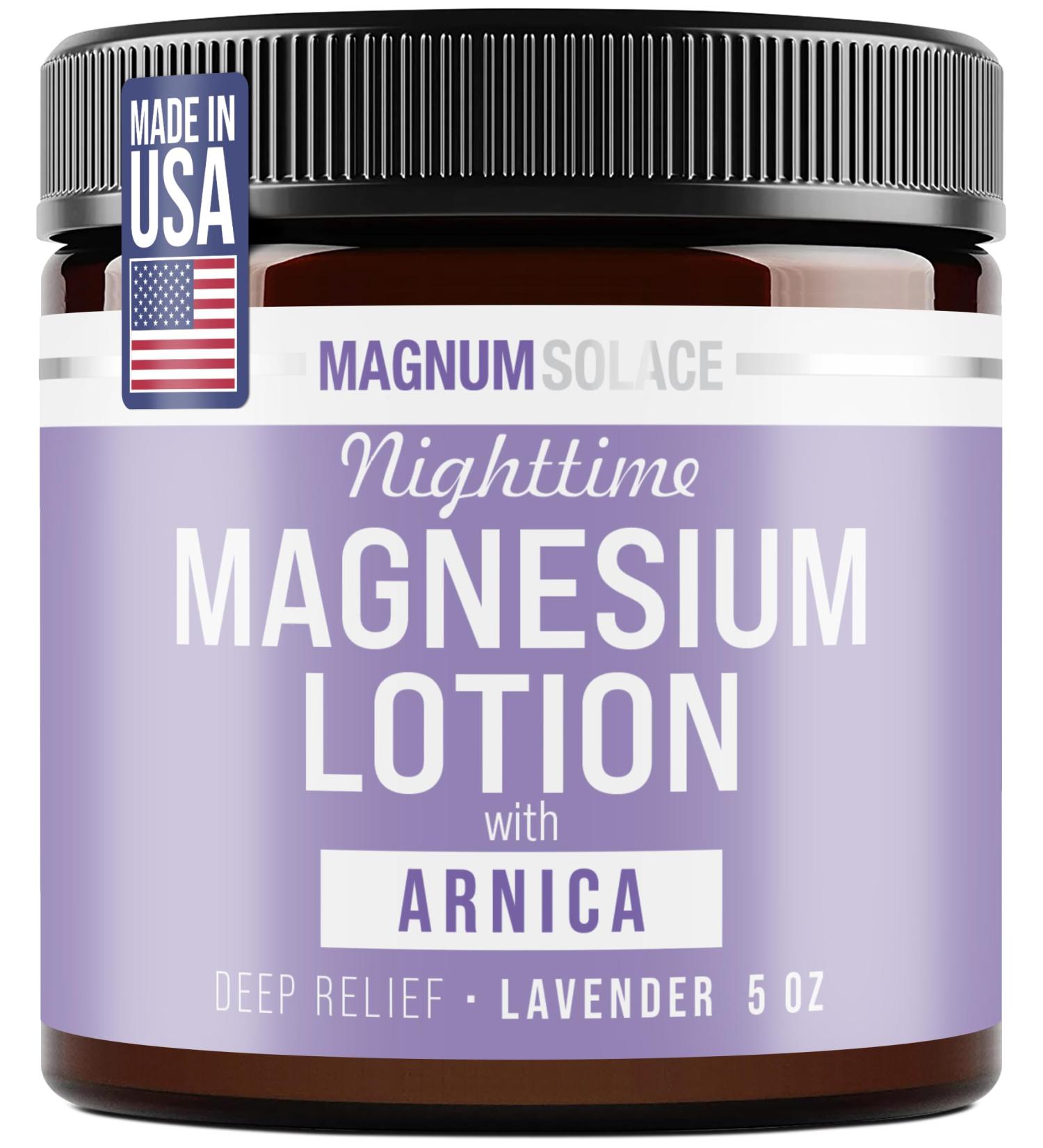 Magnum Solace Nighttime Magnesium Lotion with Arnica Soothing Relief & Relaxation Highly Concentrated Magnesium for Muscles & Joints Apply to Legs or Feet Before Bed Skin-Friendly - Buy Online on GoSupps.com