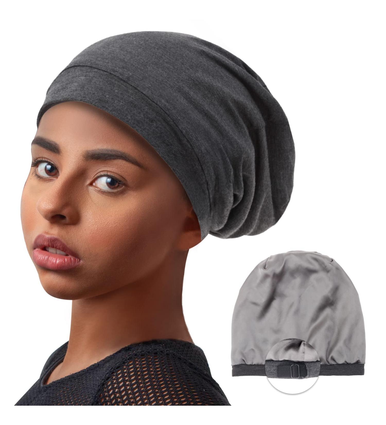 Silk Satin Lined Bonnet Sleep Cap - Adjustable Stay-On Hair Wrap for Curly Hair - Dark Grey - Buy Online on GoSupps.com
