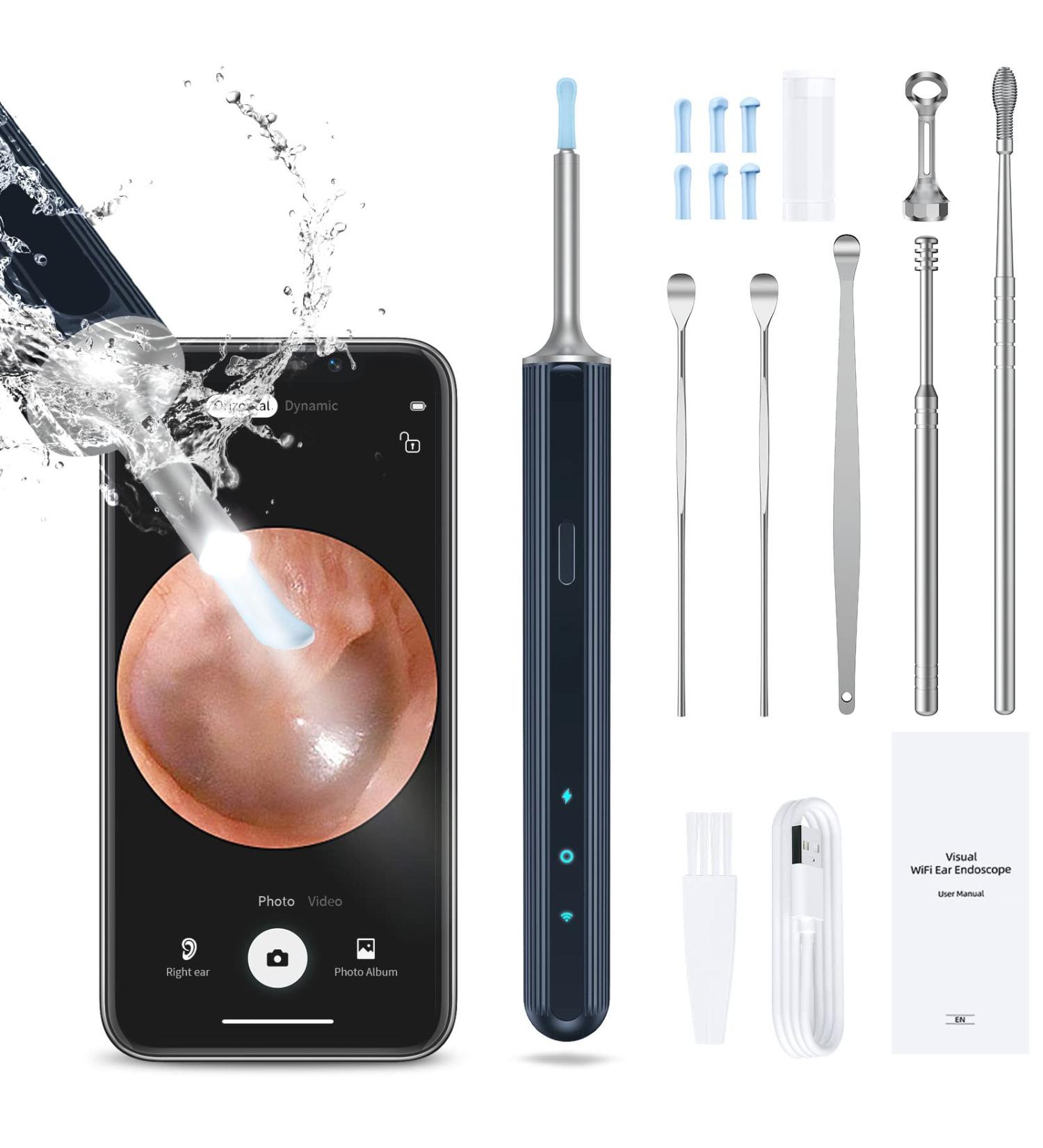 Ear Wax Removal Ear Wax Camera 1080P FHD Earwax Cleaner Wireless Ear Wax Removal Tool with 6 LED Light Compatile with iPhone ipad Android for Kids Adults Pets(Dark Blue)